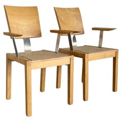 1 of 2 Vintage Postmodern Geometrical Beechwood and Cane Dining Armchairs, 1990s