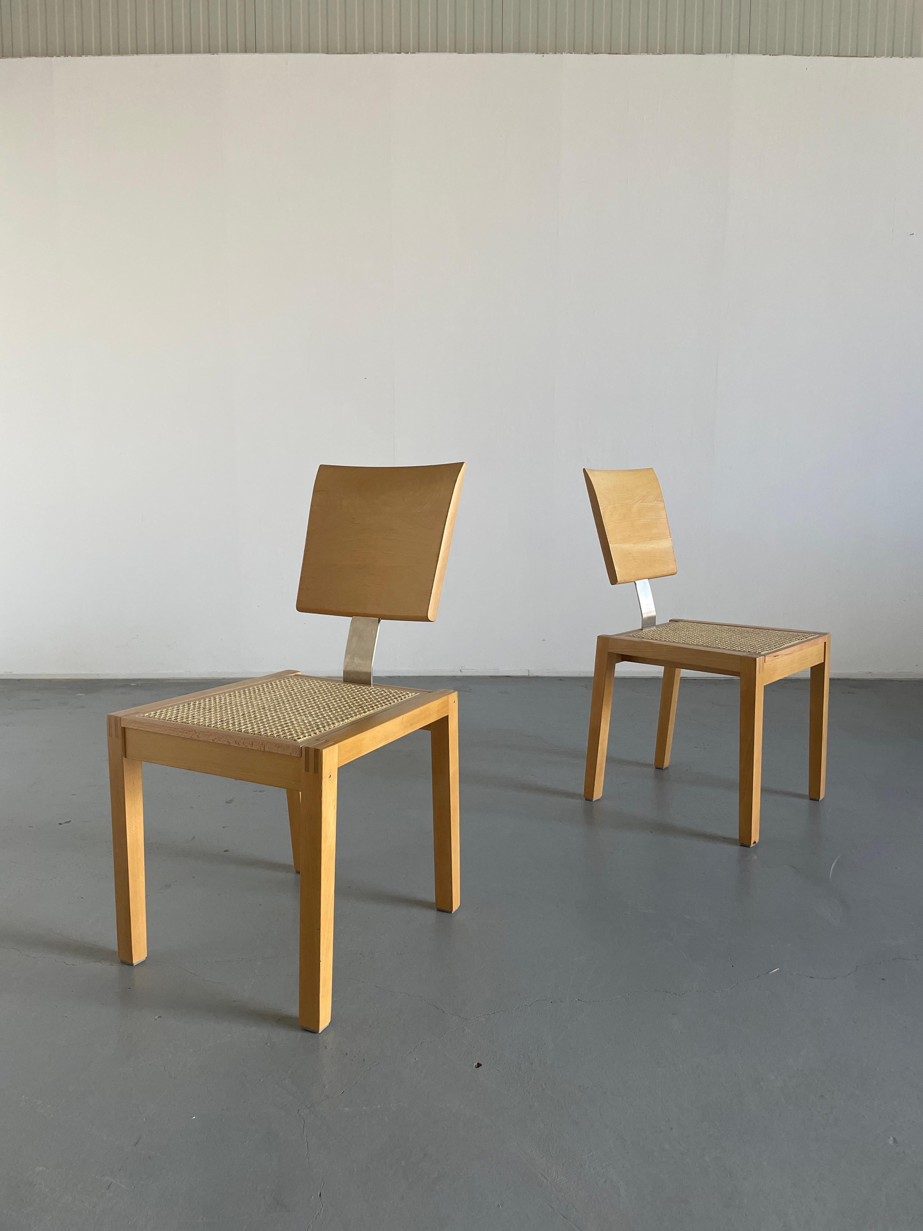 Post-Modern 1 of 2 Vintage Postmodern Geometrical Beechwood and Cane Dining Chairs, 1990s For Sale