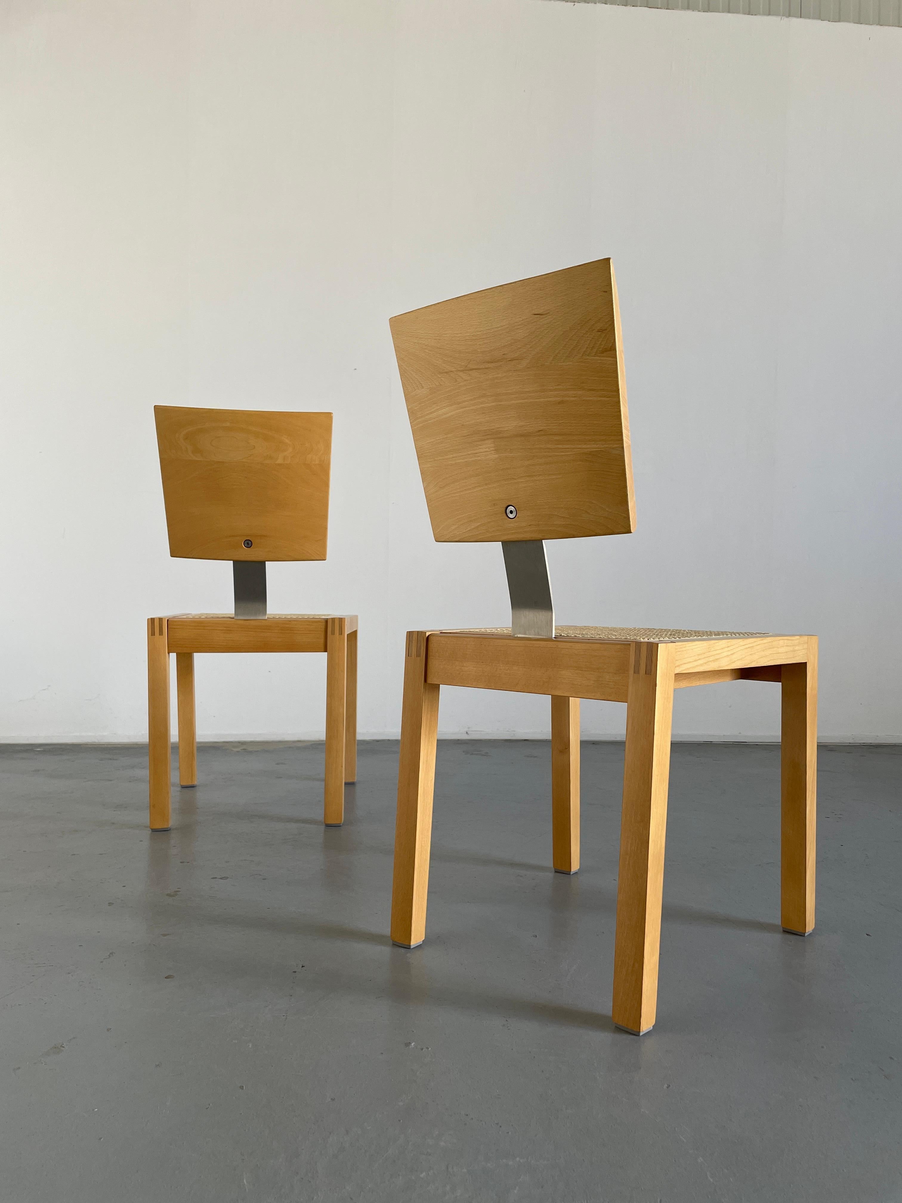 German 1 of 2 Vintage Postmodern Geometrical Beechwood and Cane Dining Chairs, 1990s For Sale