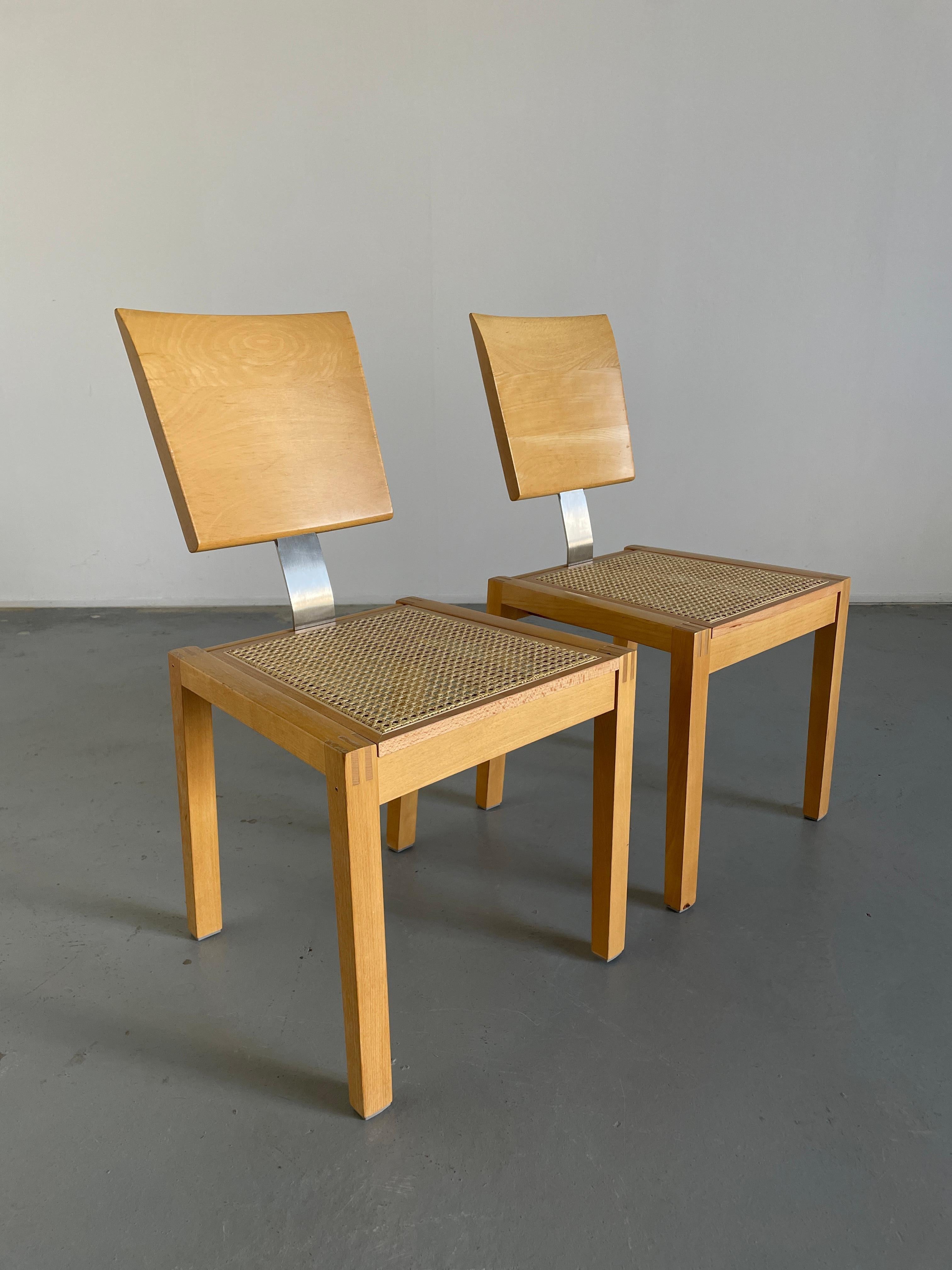 Late 20th Century 1 of 2 Vintage Postmodern Geometrical Beechwood and Cane Dining Chairs, 1990s For Sale