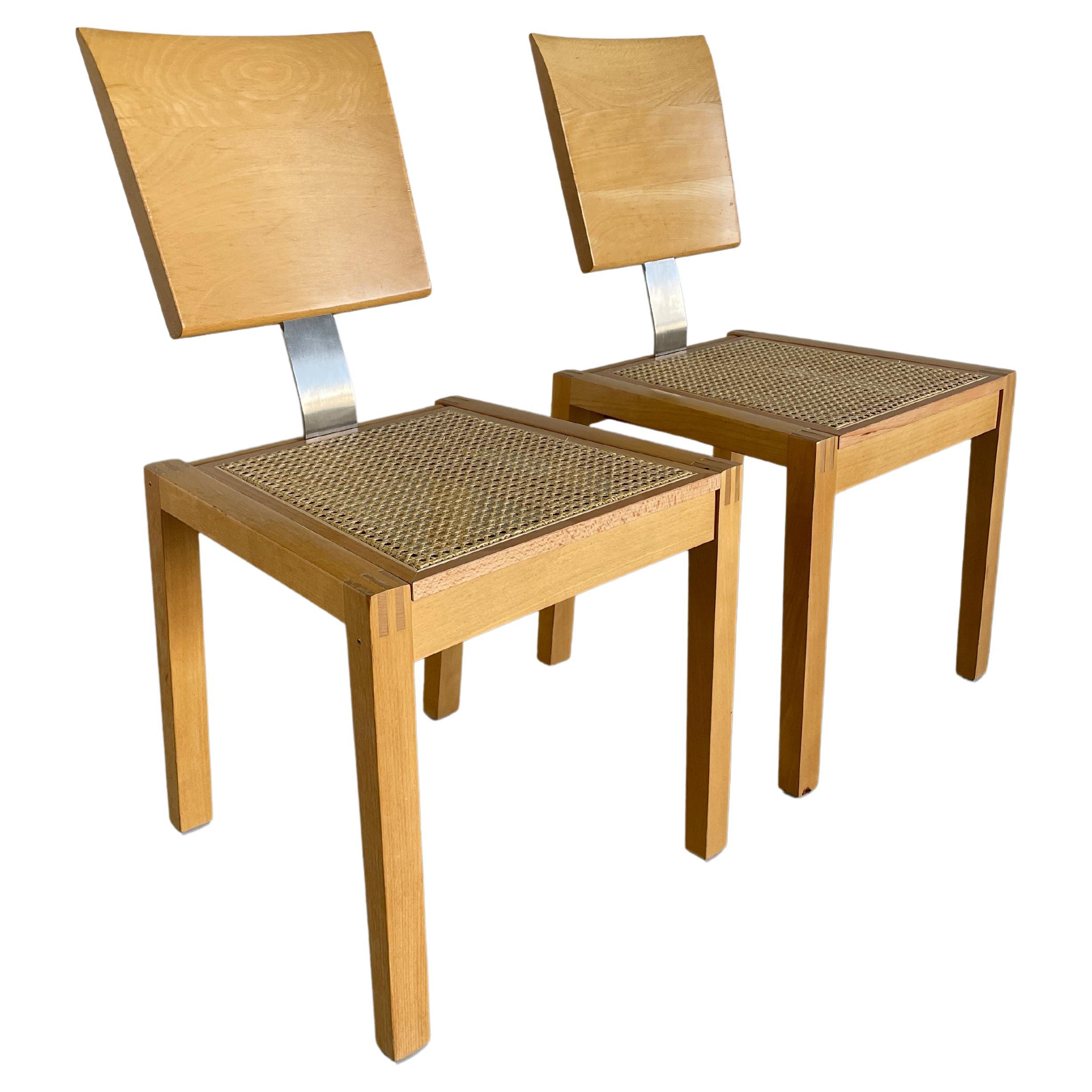 1 of 2 Vintage Postmodern Geometrical Beechwood and Cane Dining Chairs, 1990s For Sale