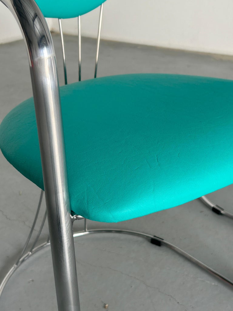 1 of 2 Vintage Steel and Mint Green Faux Leather Dining Chairs by
