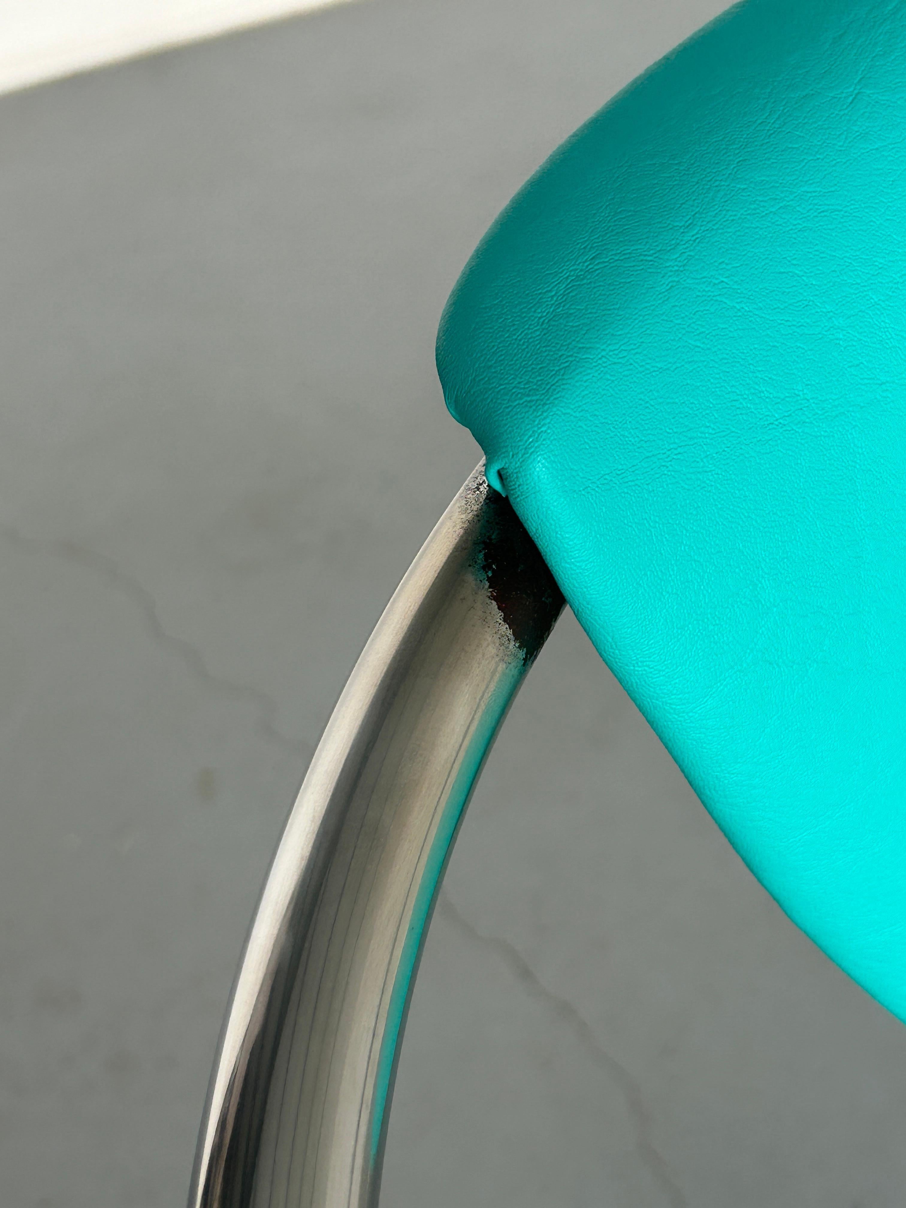 1 of 2 Vintage Steel and Mint Green Faux Leather Dining Chairs by Effezeta, 90s For Sale 7