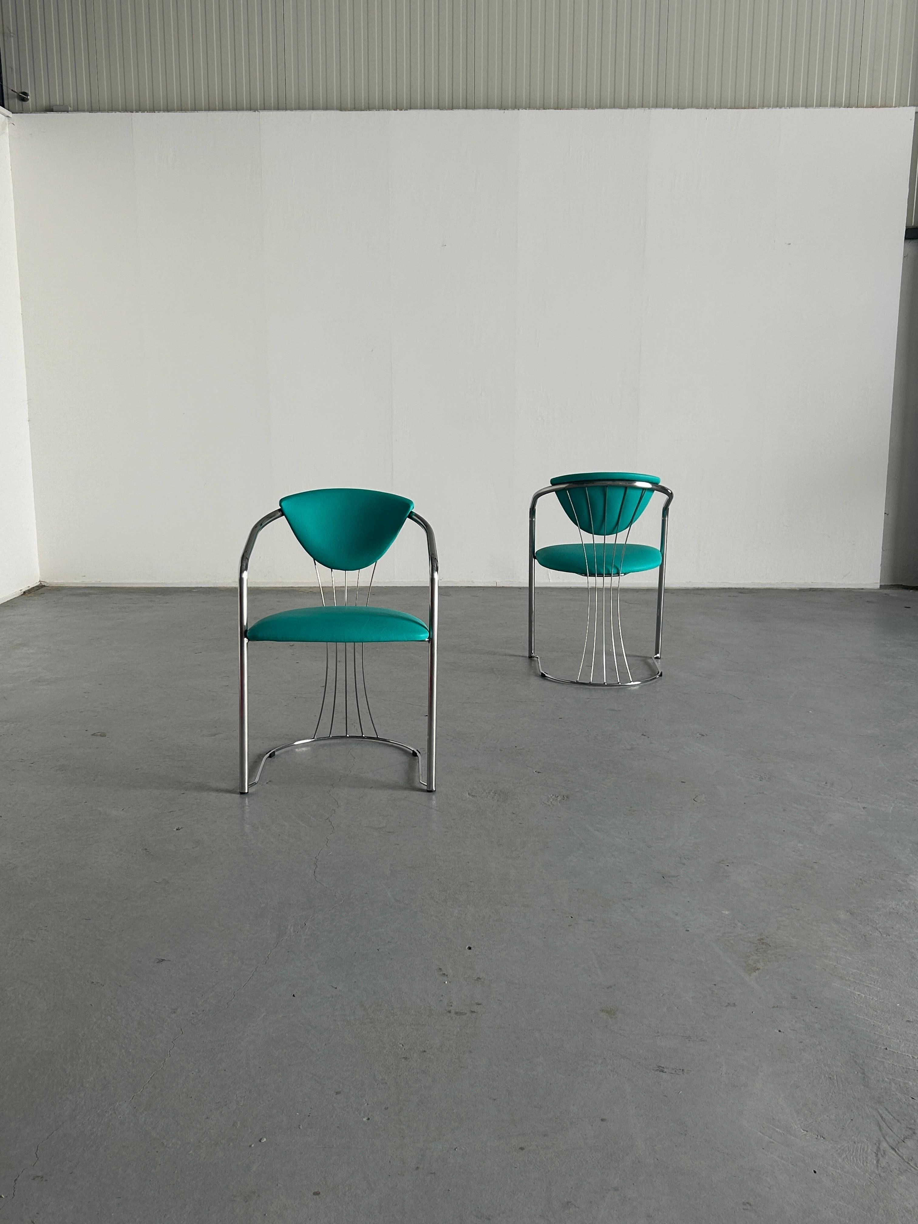 Italian 1 of 2 Vintage Steel and Mint Green Faux Leather Dining Chairs by Effezeta, 90s For Sale