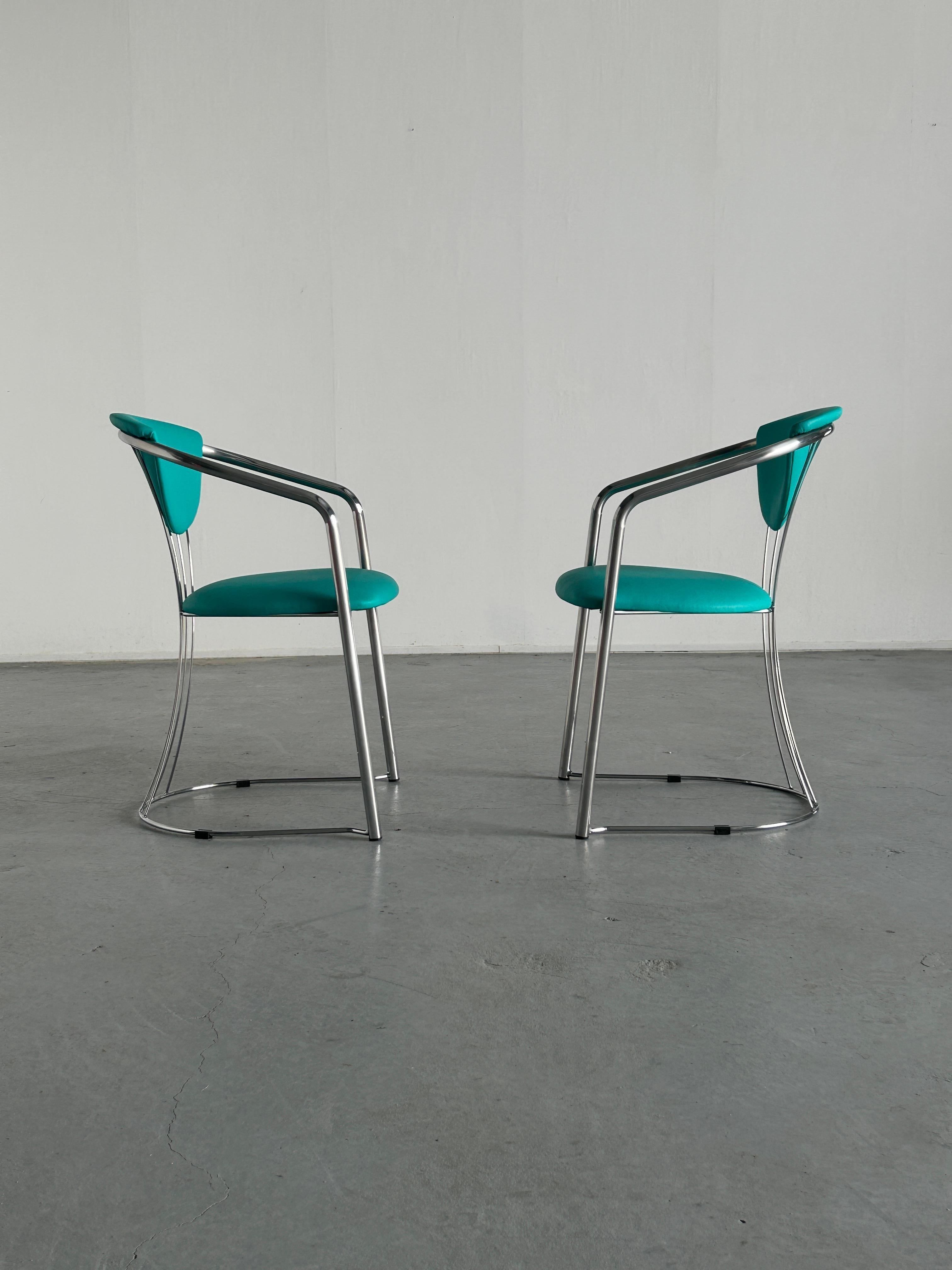 Bauhaus 1 of 2 Vintage Steel and Mint Green Faux Leather Dining Chairs by Effezeta, 90s For Sale
