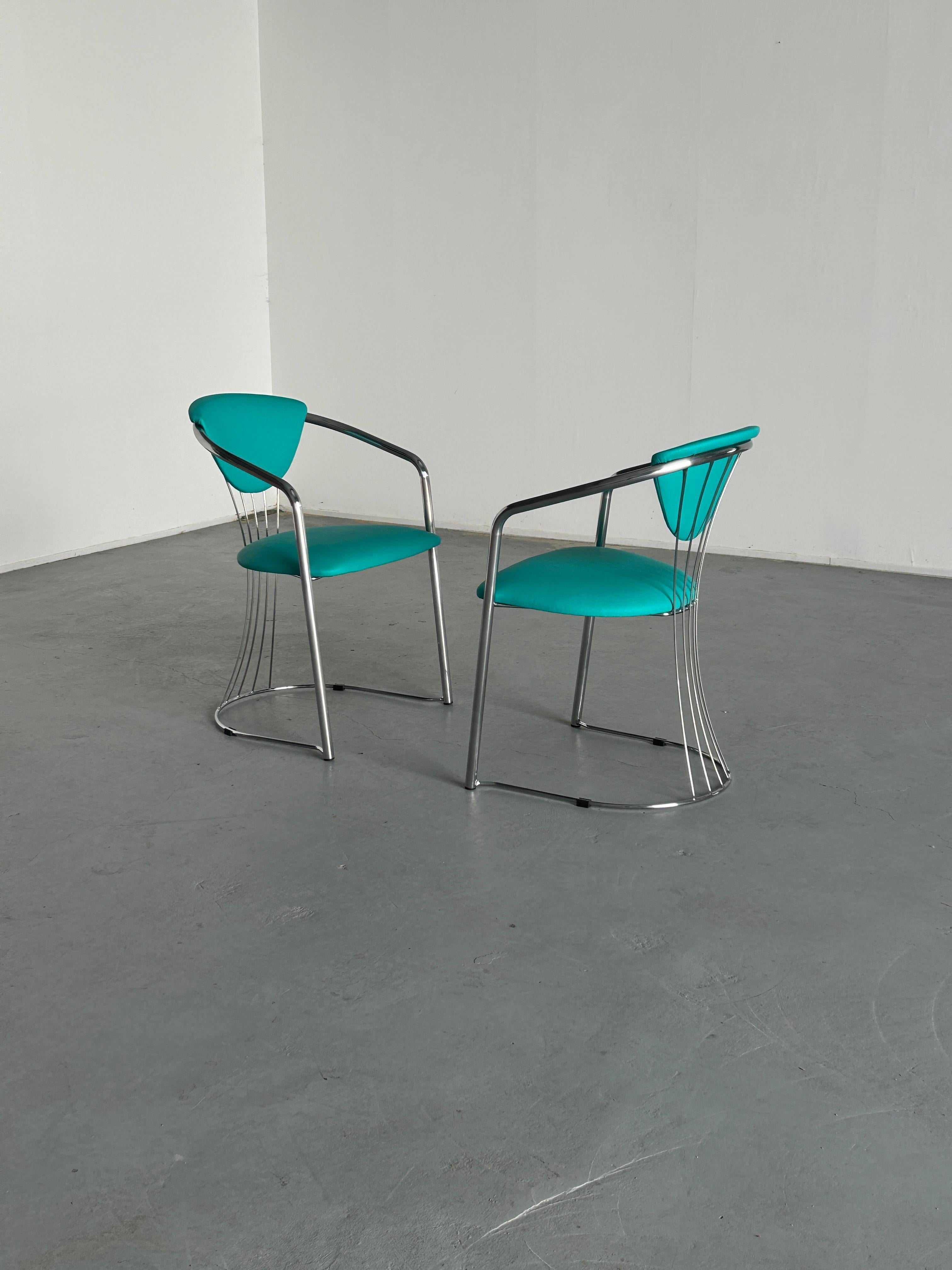 Late 20th Century 1 of 2 Vintage Steel and Mint Green Faux Leather Dining Chairs by Effezeta, 90s For Sale