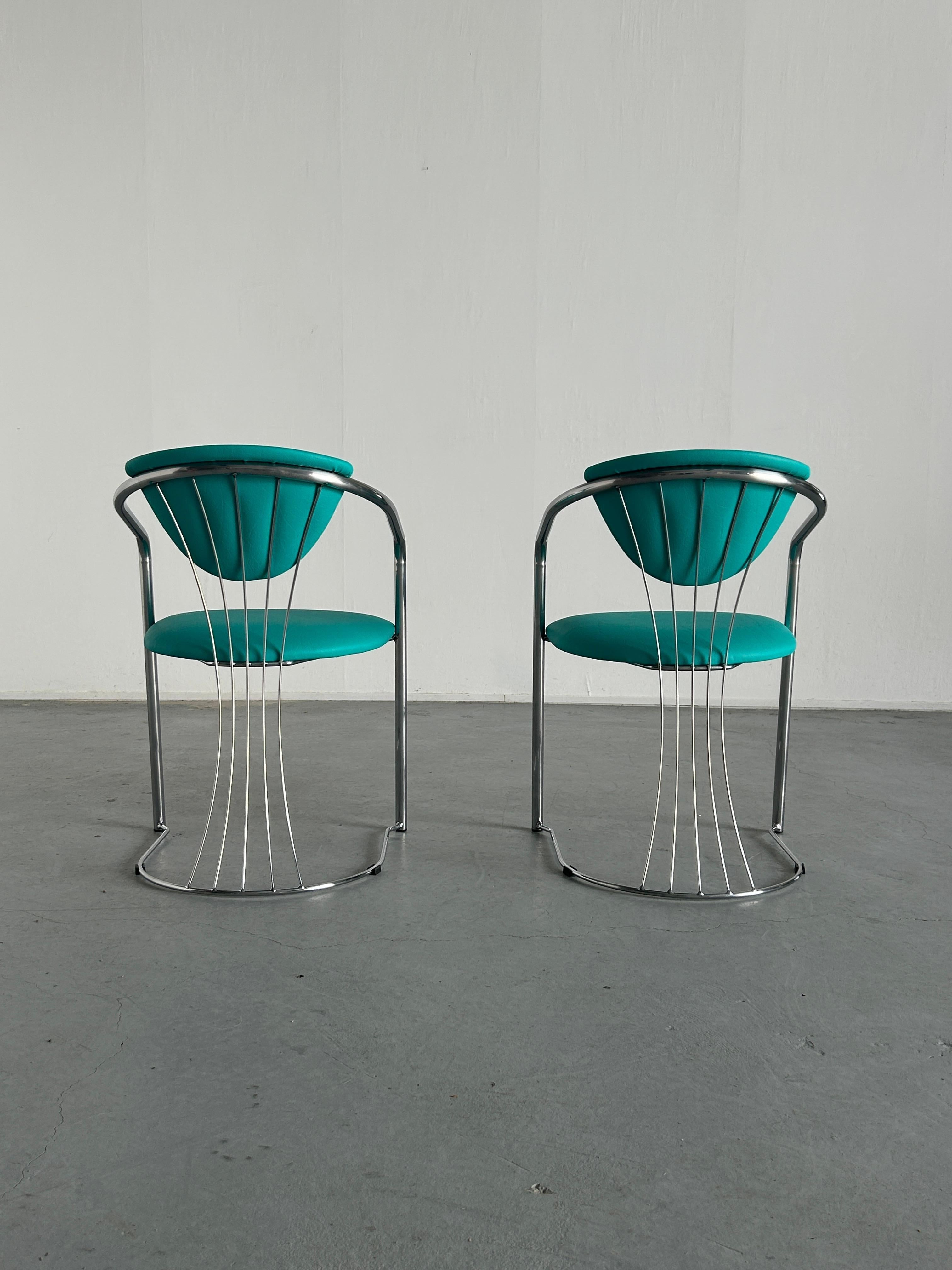 Late 20th Century 1 of 2 Vintage Steel and Mint Green Faux Leather Dining Chairs by Effezeta, 90s For Sale