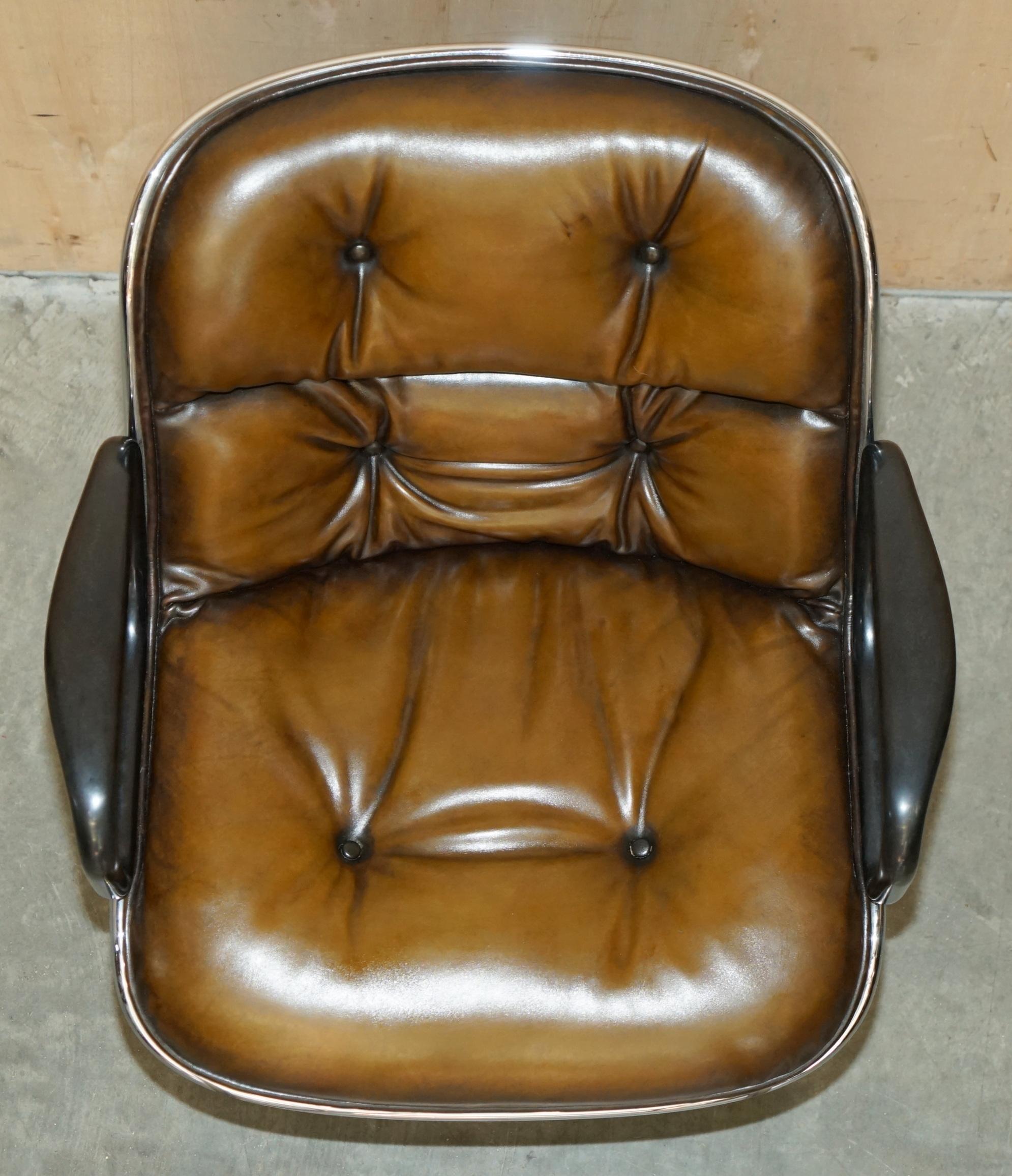 1 OF 2 VINTAGE UNIQUE CHARLES POLLOCK KNOLL RESTORED BROWN LEATHER OFFICE CHAiRS For Sale 4
