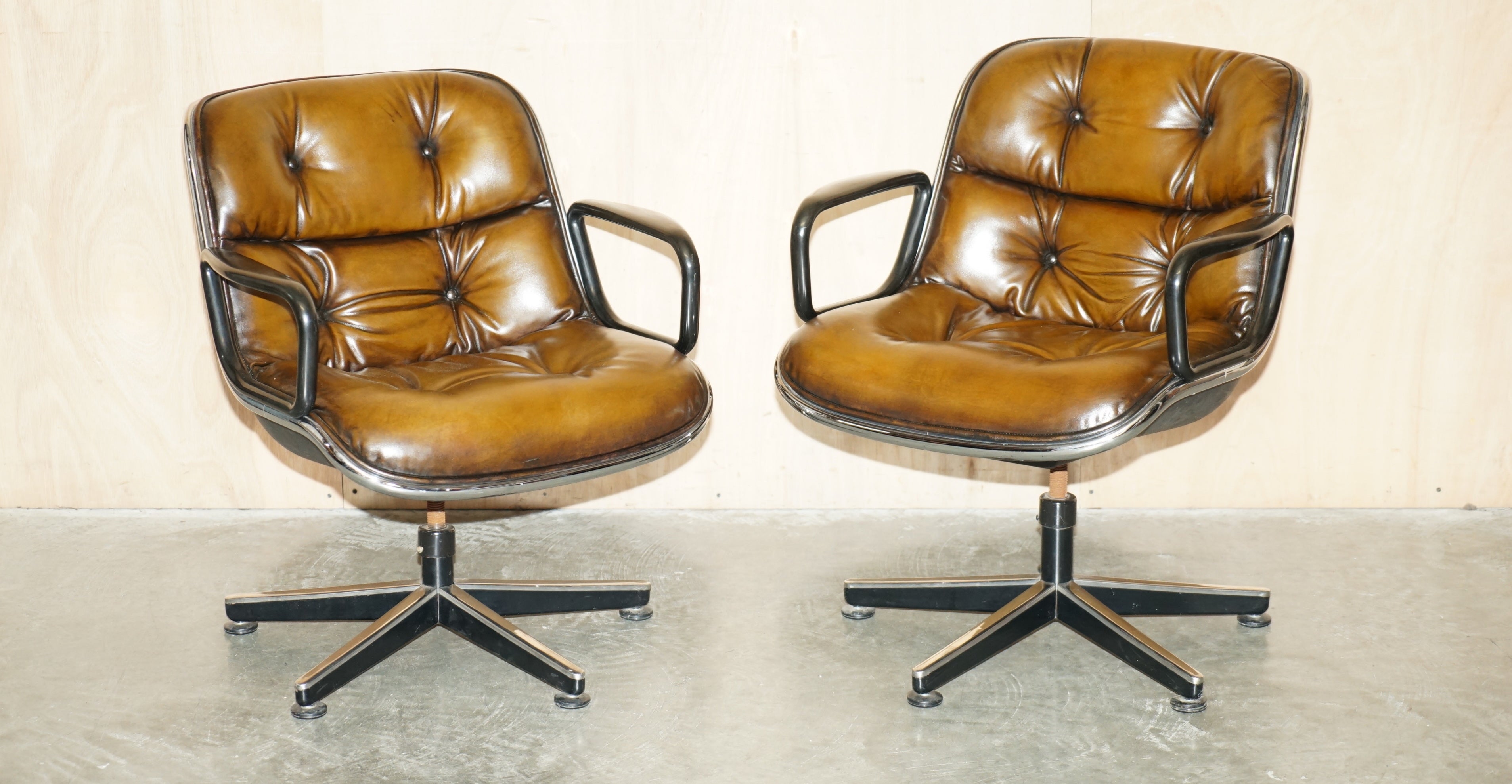 Royal House Antiques

Royal House Antiques is delighted to offer for sale one of two original vintage fully restored hand dyed Cigar Brown leather Charles Pollock Knoll Inc Executive office swivel armchairs 

Please note the delivery fee listed is
