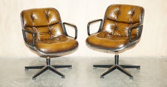 1 OF 2 VINTAGE UNIQUE CHARLES POLLOCK KNOLL RESTORED BROWN LEATHER OFFICE CHAiRS