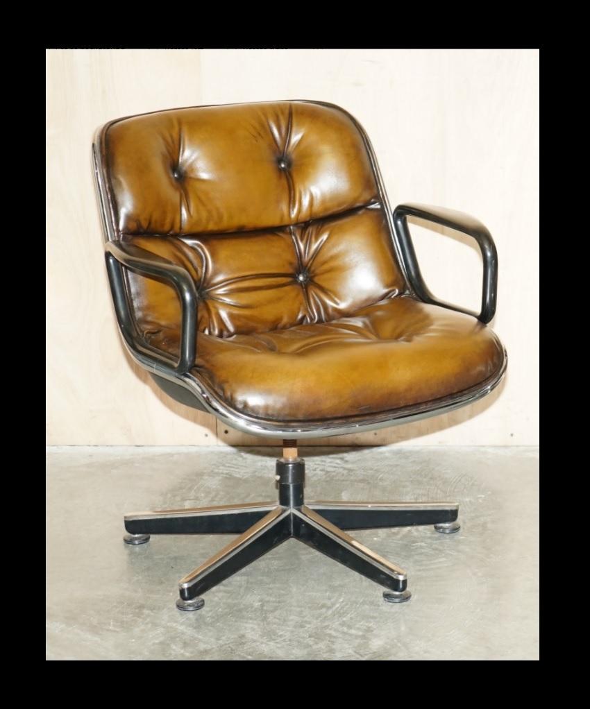 Mid-Century Modern 1 OF 2 VINTAGE UNIQUE CHARLES POLLOCK KNOLL RESTORED BROWN LEATHER OFFICE CHAiRS For Sale