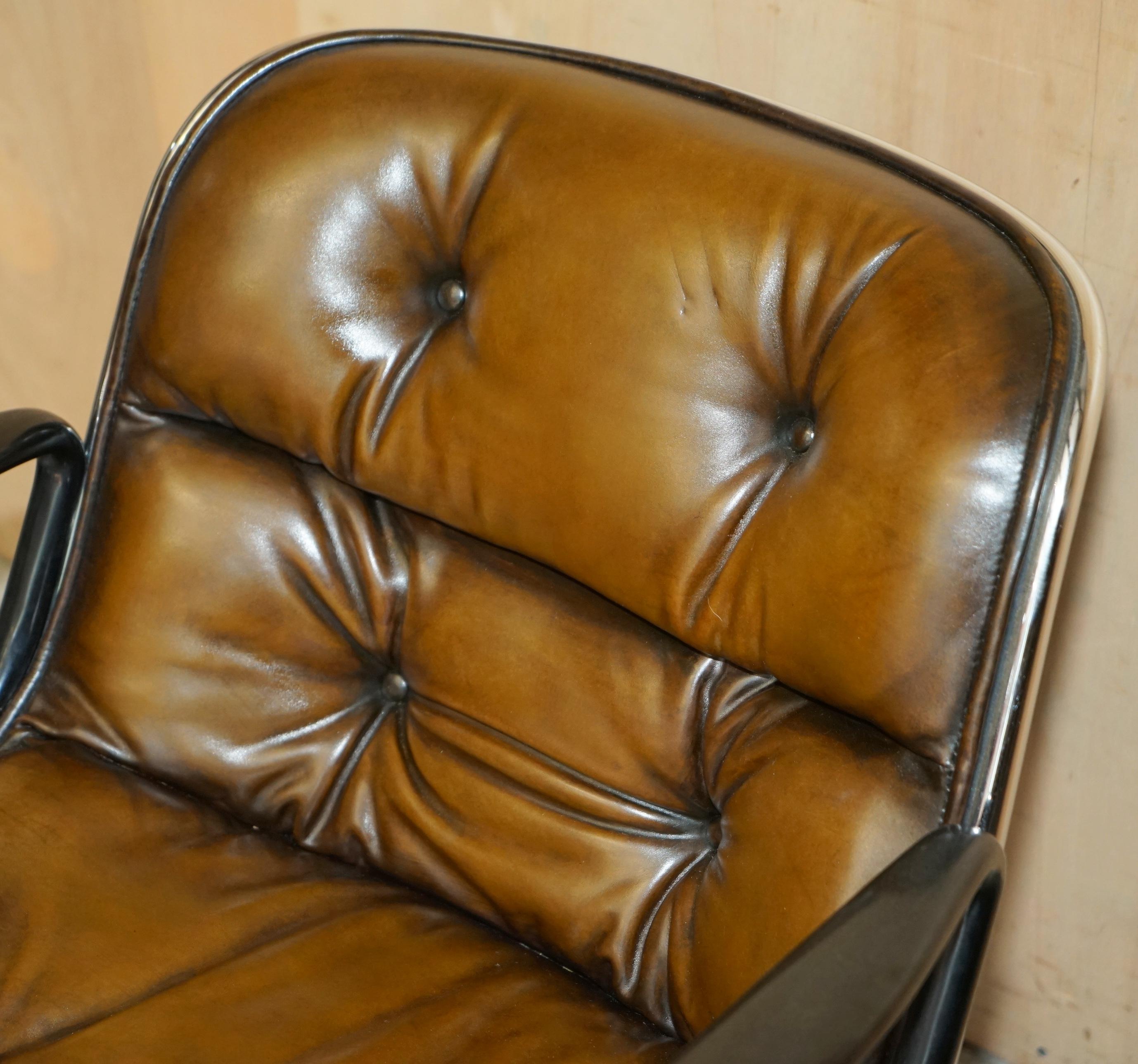 Hand-Crafted 1 OF 2 VINTAGE UNIQUE CHARLES POLLOCK KNOLL RESTORED BROWN LEATHER OFFICE CHAiRS For Sale