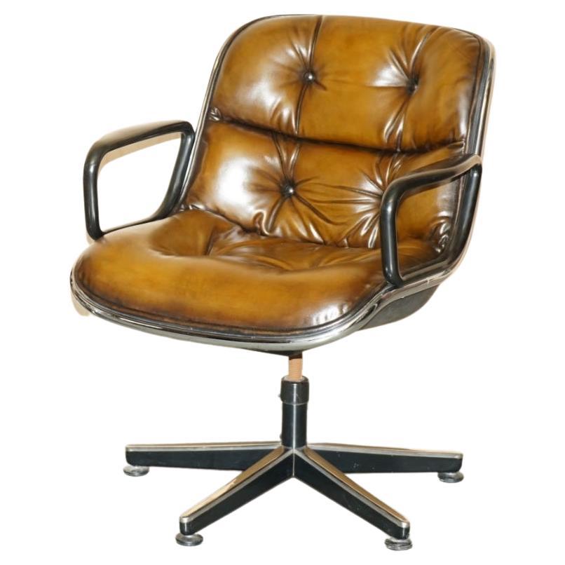 1 OF 2 VINTAGE UNIQUE CHARLES POLLOCK KNOLL RESTORED BROWN LEATHER OFFICE CHAiRS For Sale