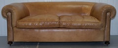 1 of 2 Vintage Victorian Style Restored Brown Leather Club Sofas Coil Sprung