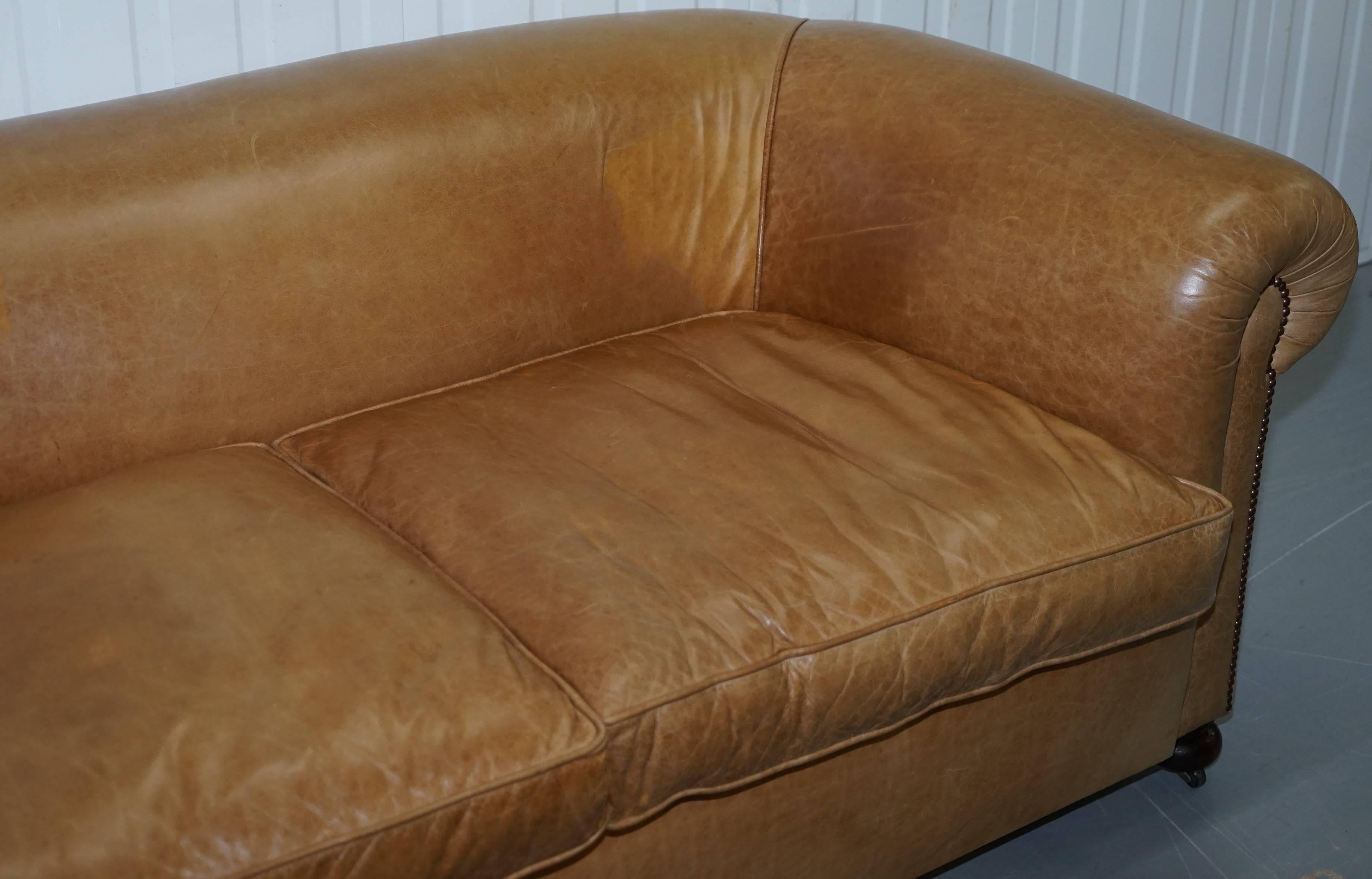 Hand-Carved 1 of 2 Vintage Victorian Style Restored Brown Leather Club Sofas Coil Sprung For Sale