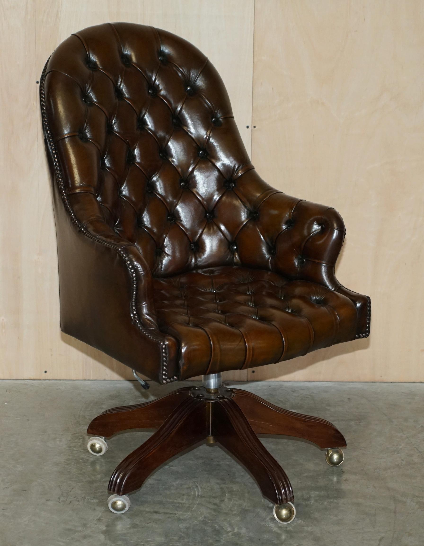 1 of 2 Wade England Restored Chesterfield Swivel Brown Leather Captains Chairs 9