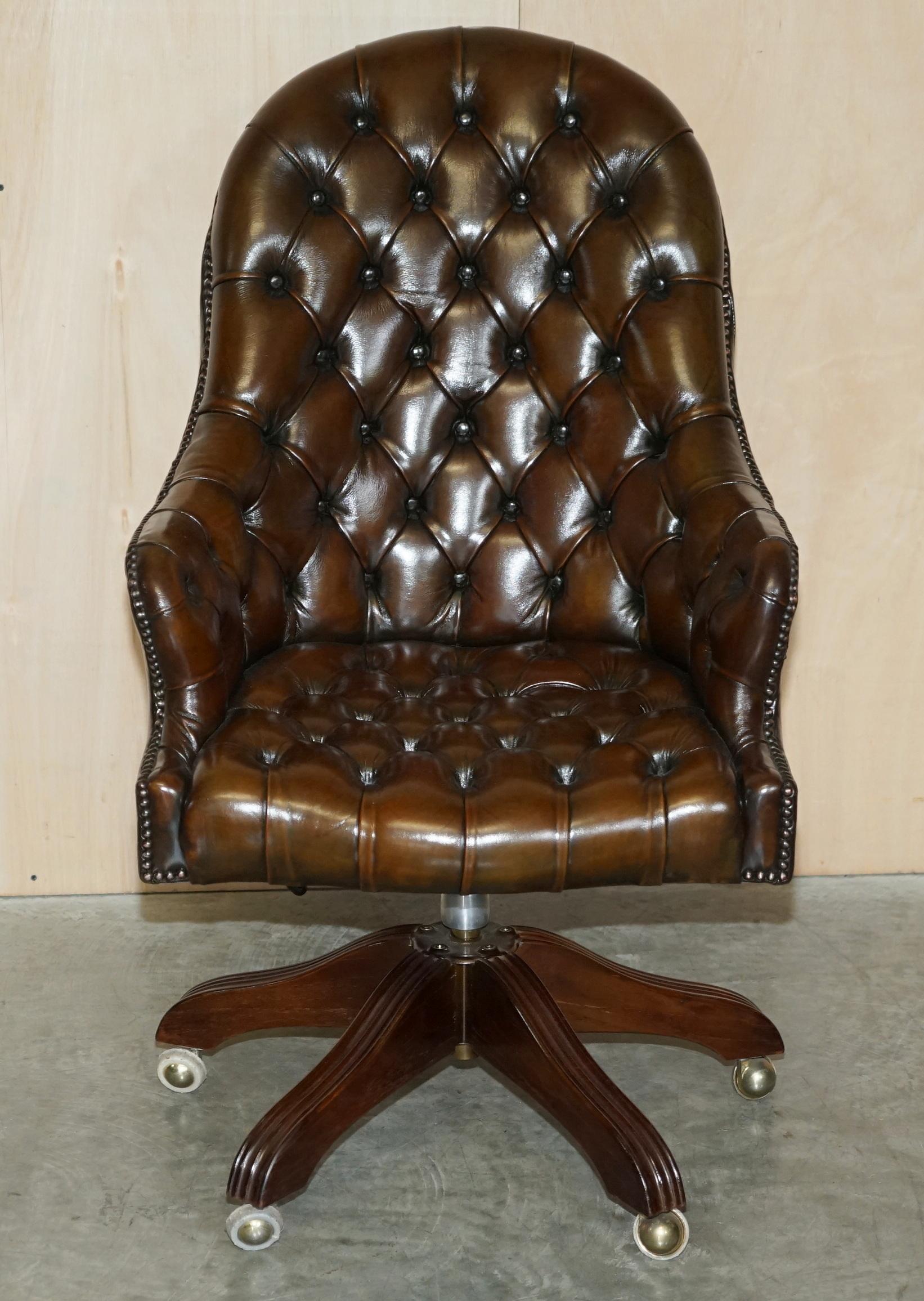 1 of 2 Wade England Restored Chesterfield Swivel Brown Leather Captains Chairs 10