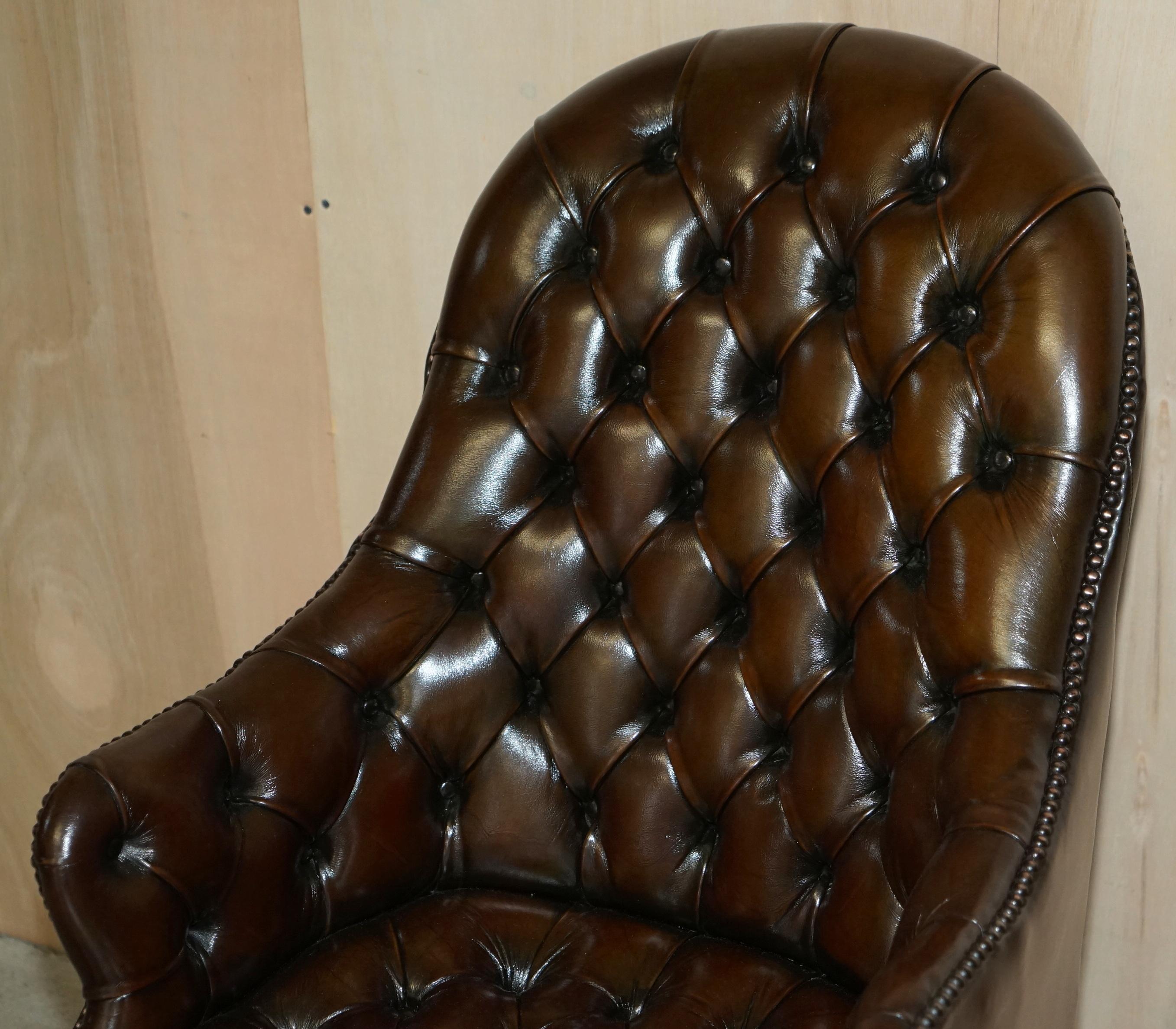 Art Deco 1 of 2 Wade England Restored Chesterfield Swivel Brown Leather Captains Chairs