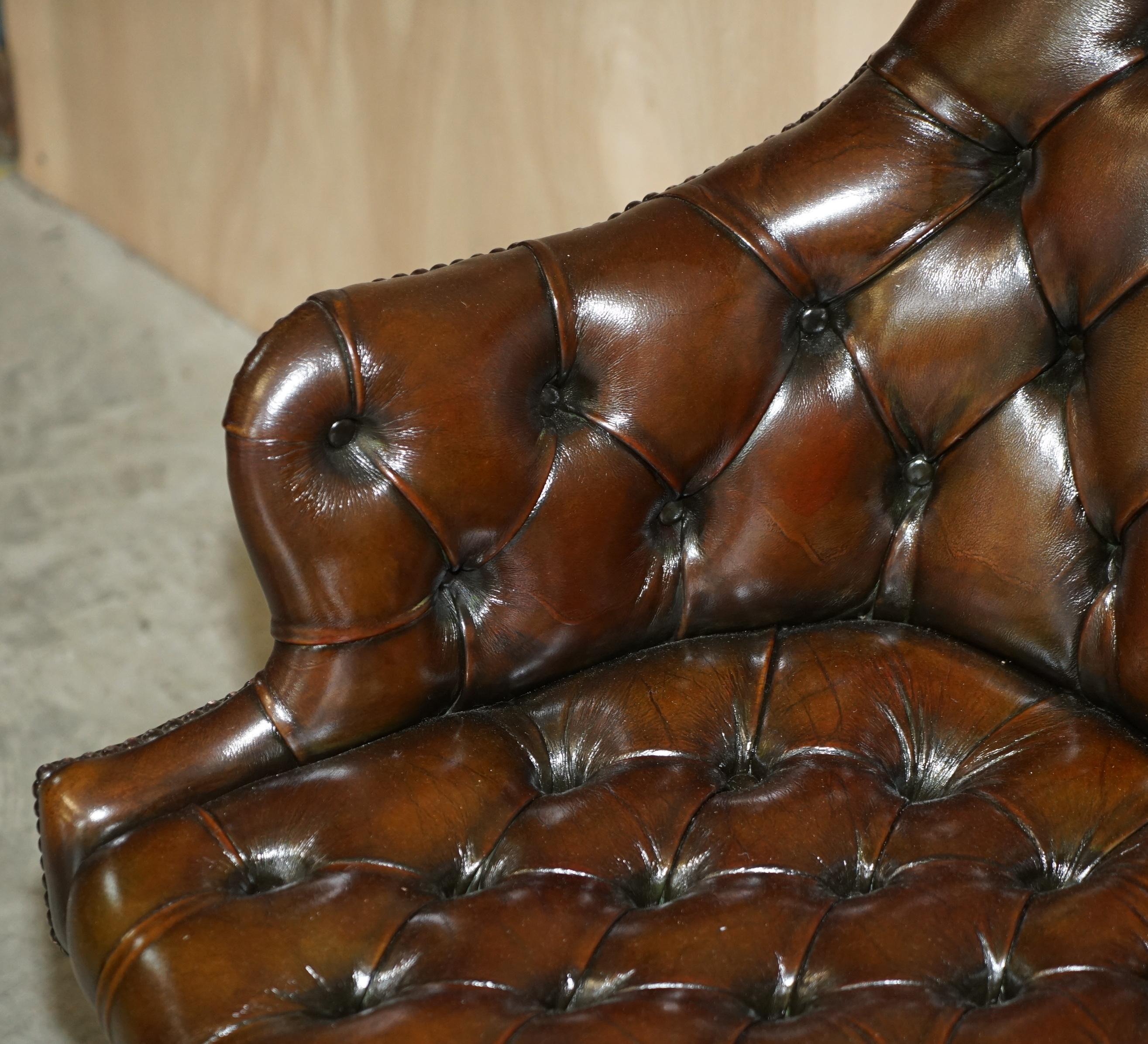 20th Century 1 of 2 Wade England Restored Chesterfield Swivel Brown Leather Captains Chairs