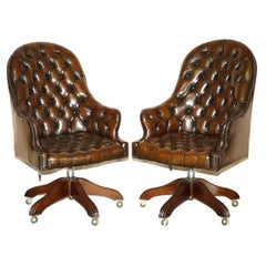 1 of 2 Wade England Restored Chesterfield Swivel Brown Leather Captains Chairs