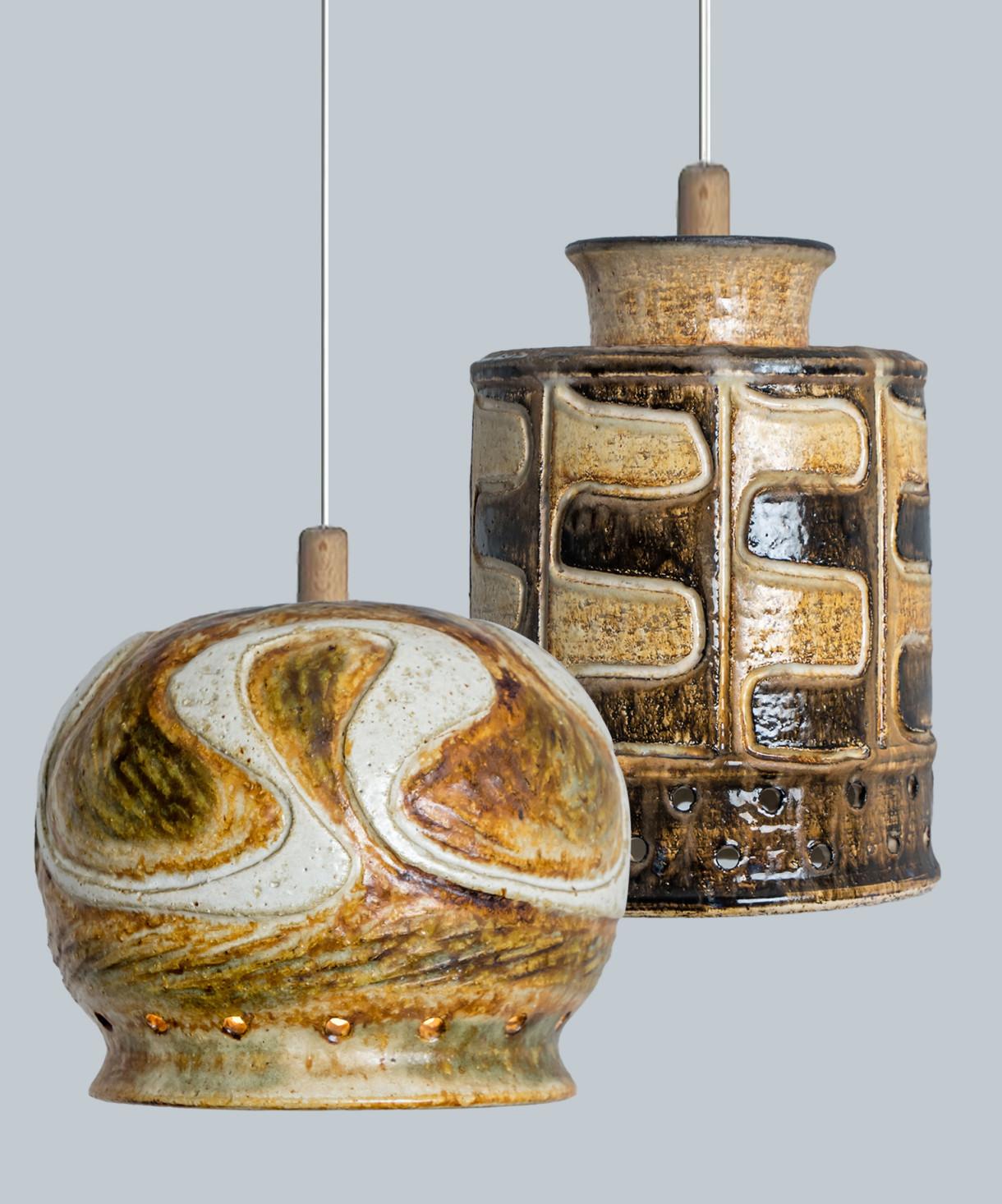 Playful arrangement of stunning round hanging lamps with an unusual shape, made with rich light colored brown ceramics, manufactured in the 1970s in Denmark. We have a multitude of unique colored ceramic light sets and arrangements, all available in