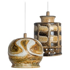 1 of 2 Yellow White Brown Ceramic Pendant Lights, Denmark, 1970