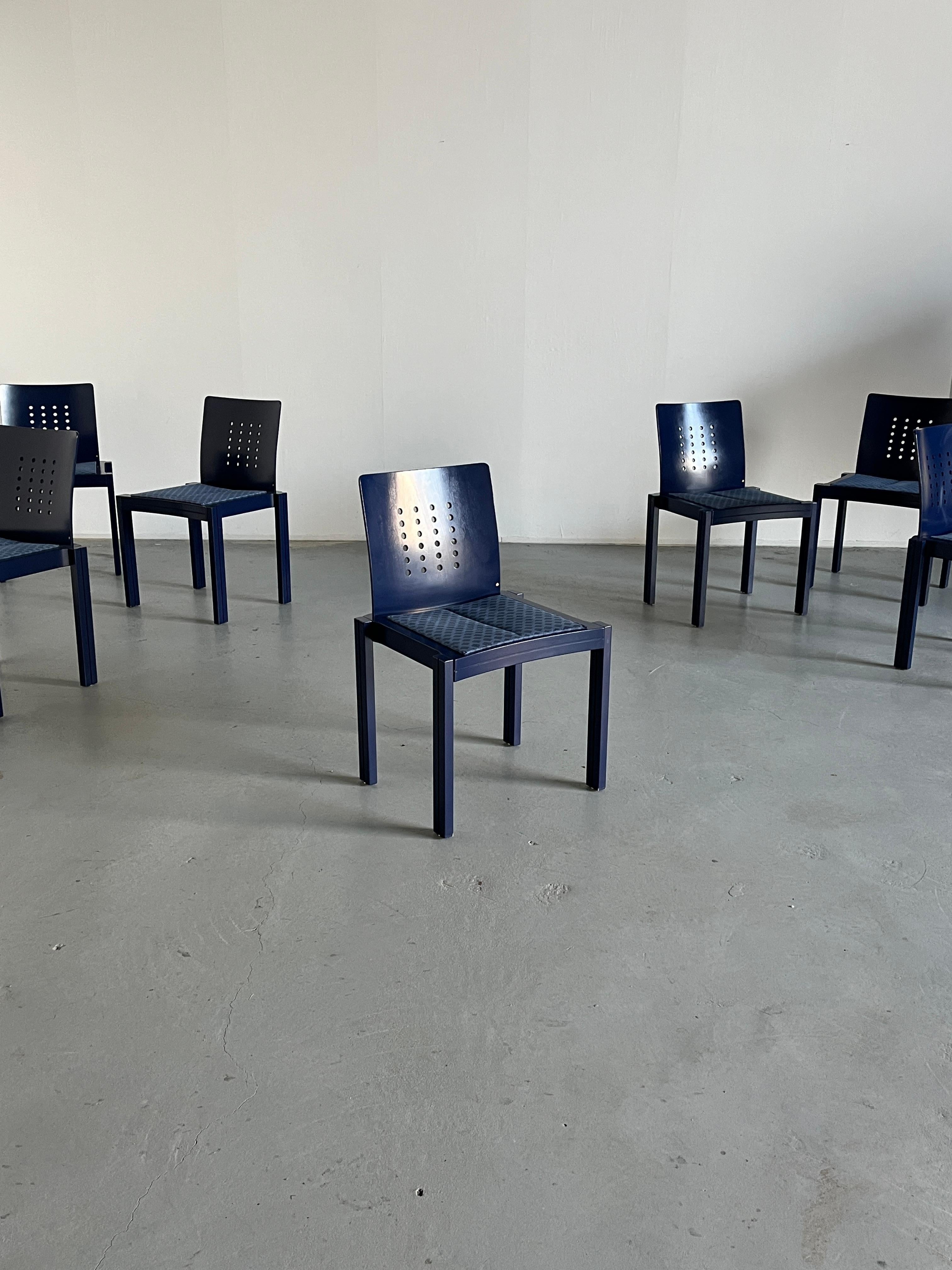 Exceptionally rare and collectible, postmodern Memphis design original Thonet dining chairs. 
Sculptural and geometrically shaped.

Sold per piece.
Twenty pieces available.

Produced by Thonet Vienna in 1996.
Quality made and in very good vintage