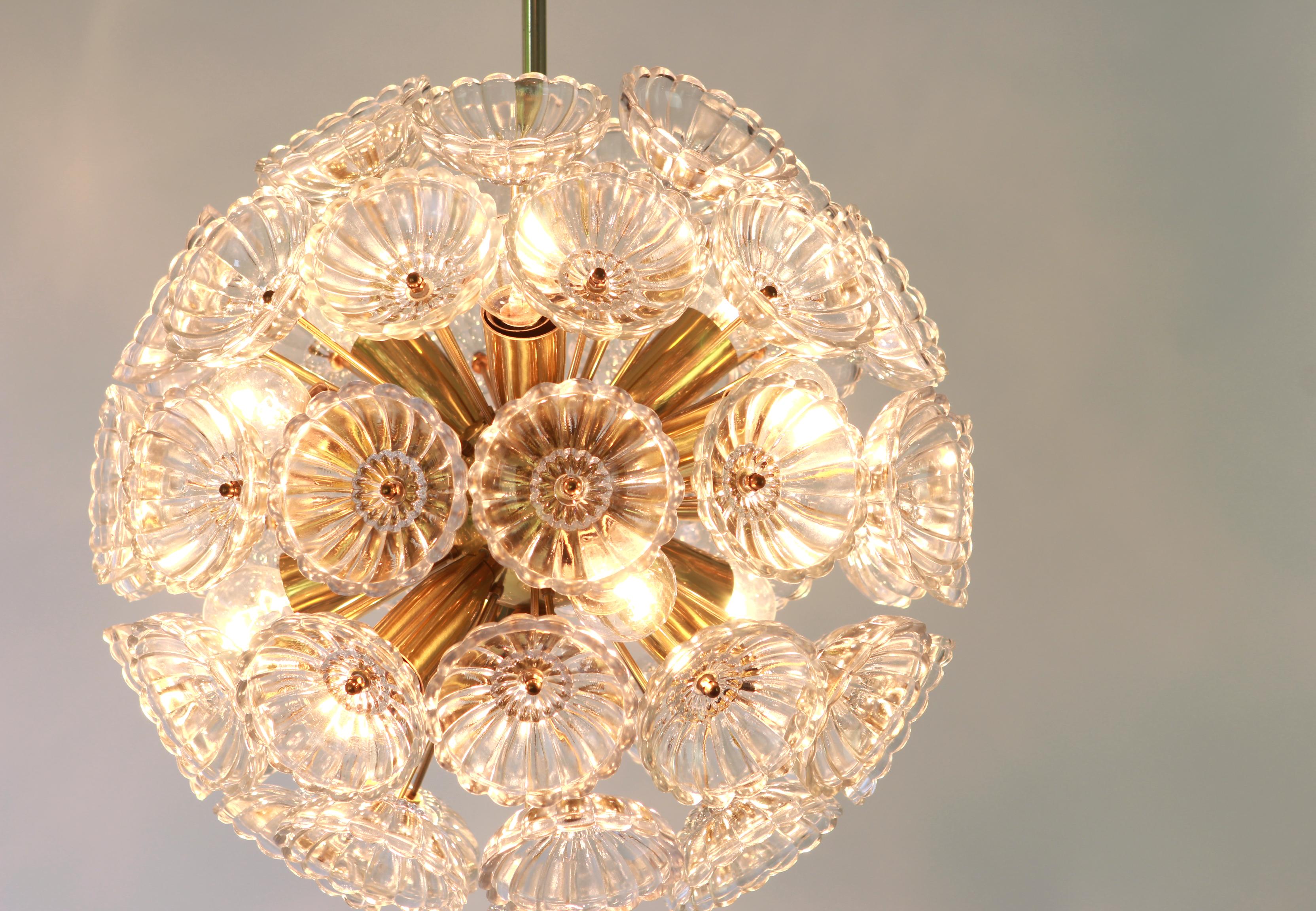 Mid-20th Century 1 of 24 Stunning Floral Glass and Brass Sputnik Chandeliers, Germany, 1960s