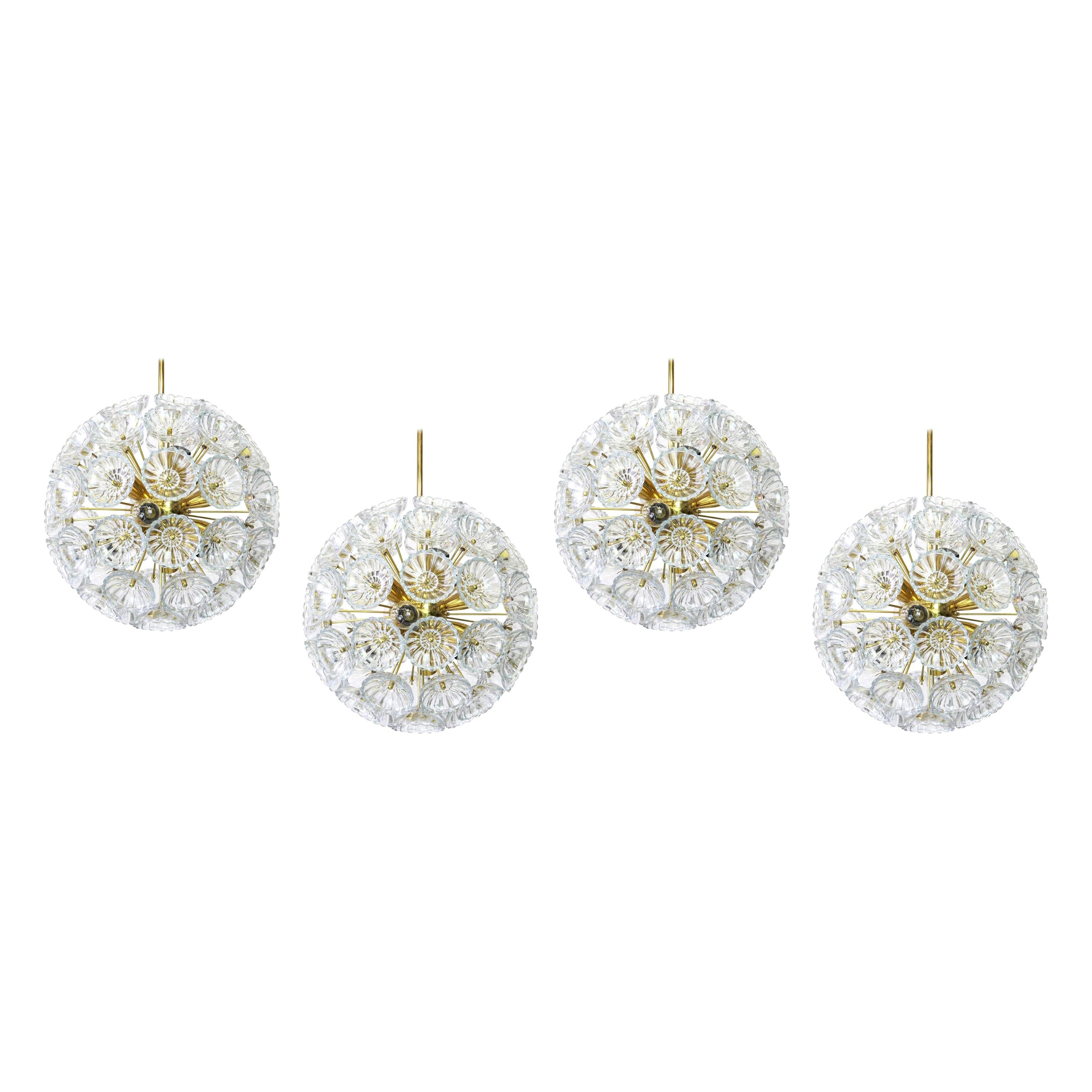 1 of 24 Stunning Floral Glass and Brass Sputnik Chandeliers, Germany, 1960s