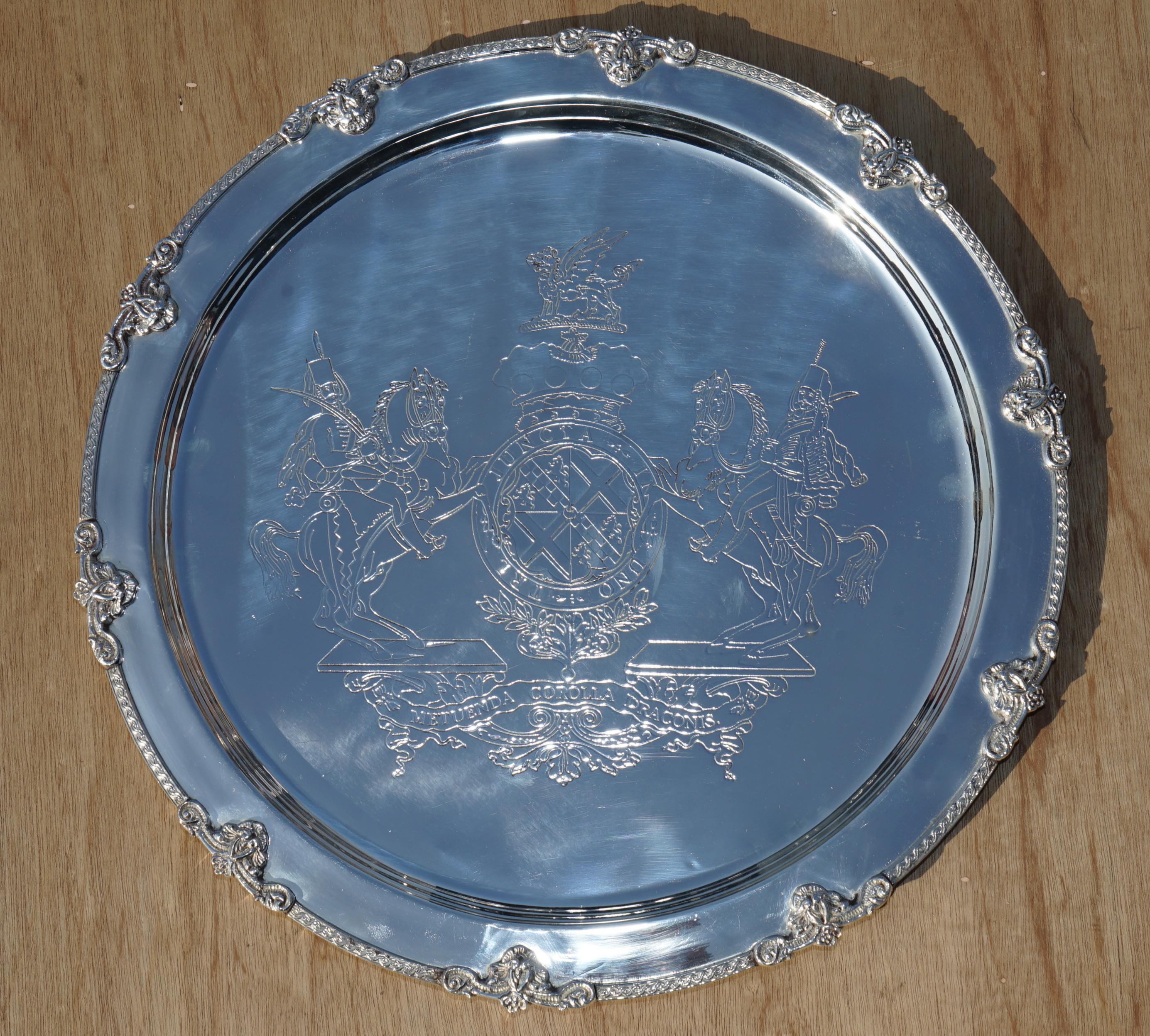 Edwardian 1 of 29 Sterling Silver Plated 1918 Armorial Crest Coat of Arms Serving Trays For Sale