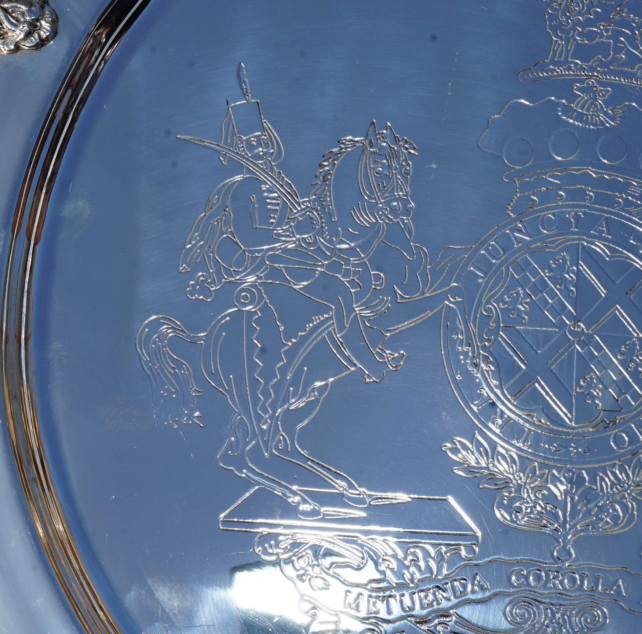 English 1 of 29 Sterling Silver Plated 1918 Armorial Crest Coat of Arms Serving Trays For Sale