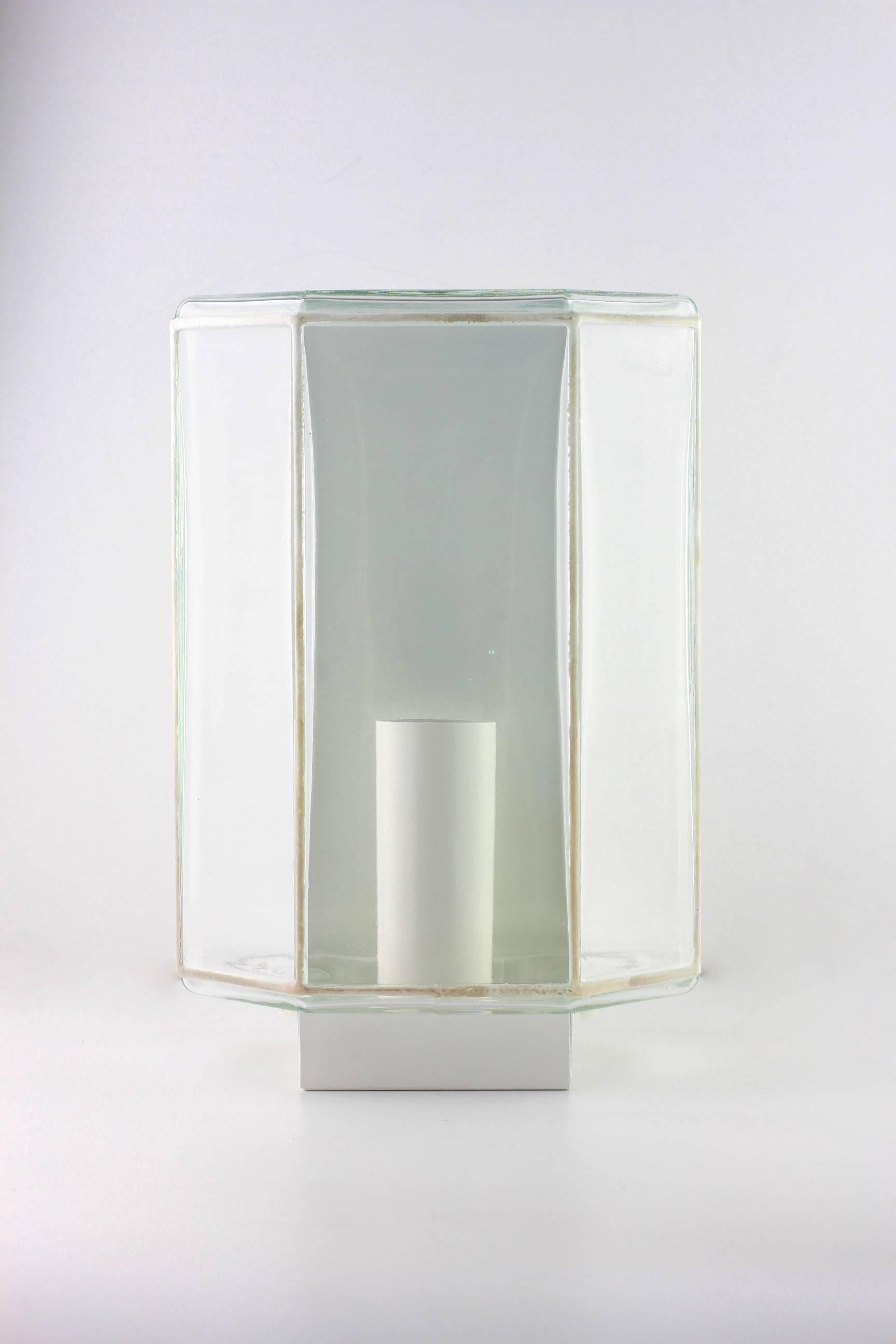 German 1 of 3 1970s Minimalist White and Clear Glass Wall Lights by Glashütte Limburg