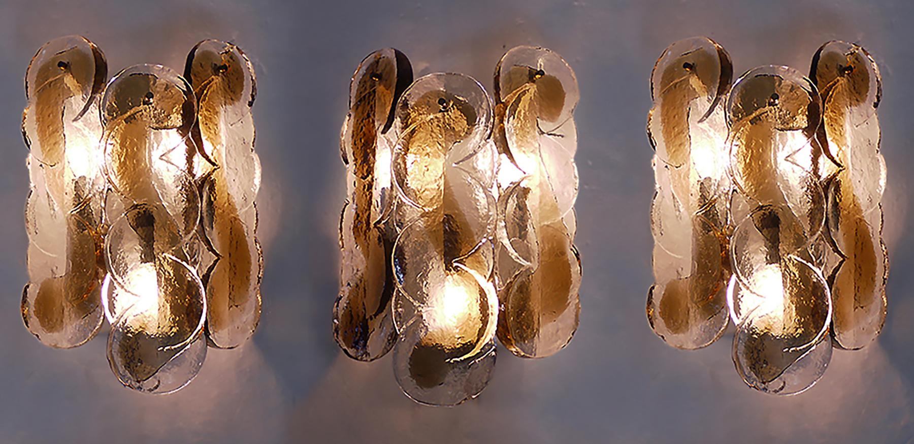 Mid-Century Modern 1 'of 3' Amber Murano Citrus Swirl Wall Sconce Glass & Brass Kalmar Austria 1960 For Sale
