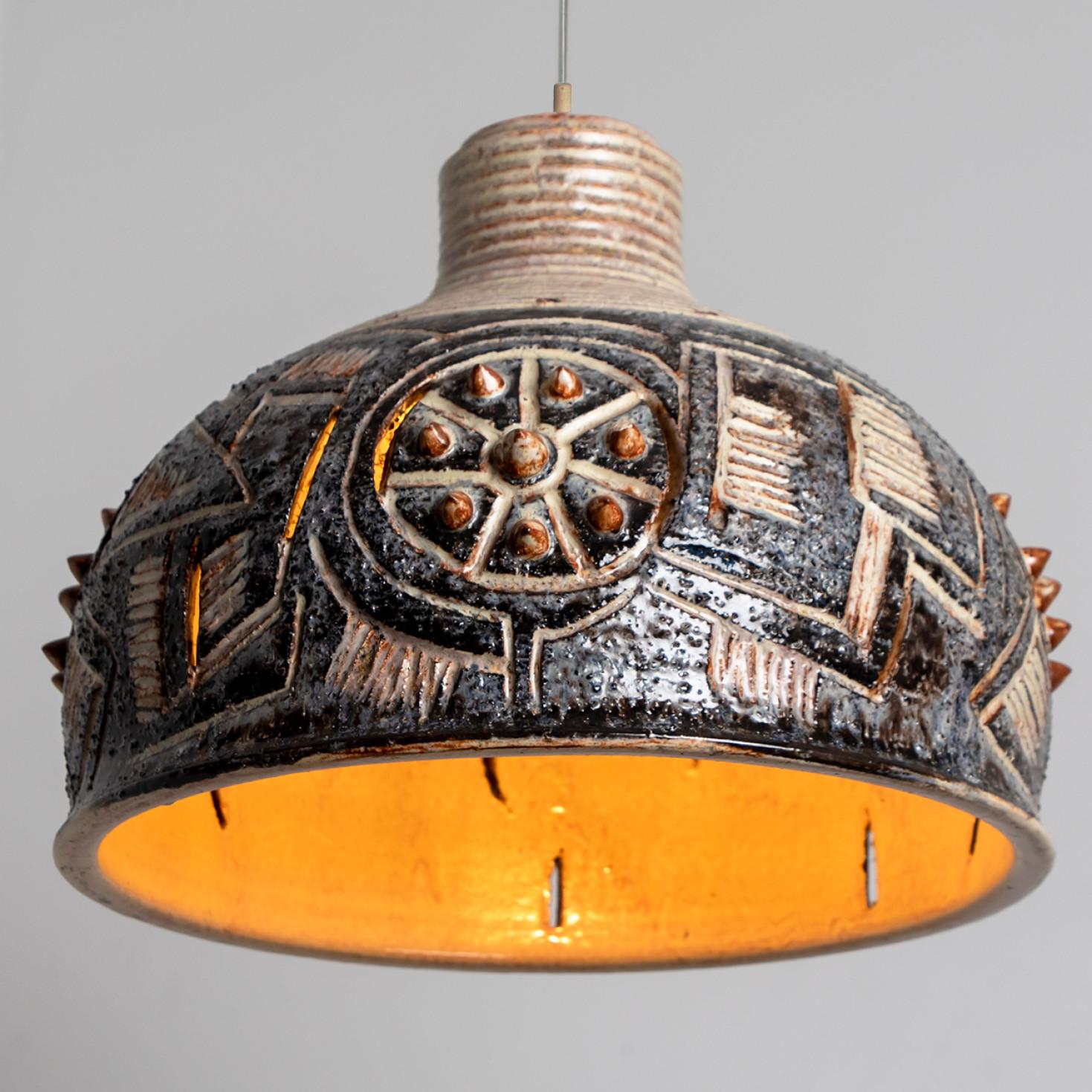 Late 20th Century 1 of 3 Anthracite Ivory Brown SeaBlue Ceramic Pendant Lights, Denmark, 1970 For Sale