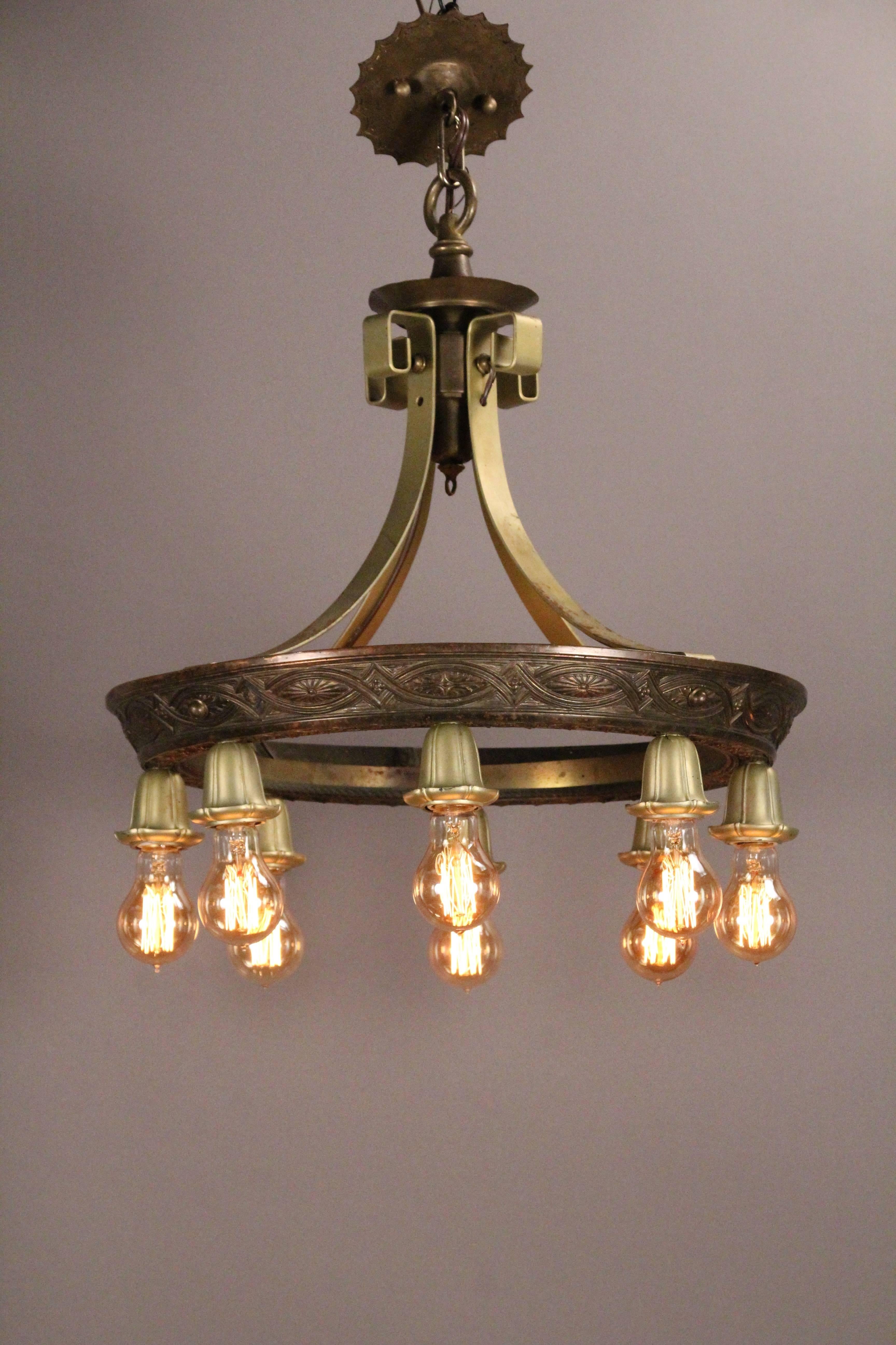 1 of 3 Antique 1920s Downlight Chandelier with Eight Bulbs In Good Condition For Sale In Pasadena, CA