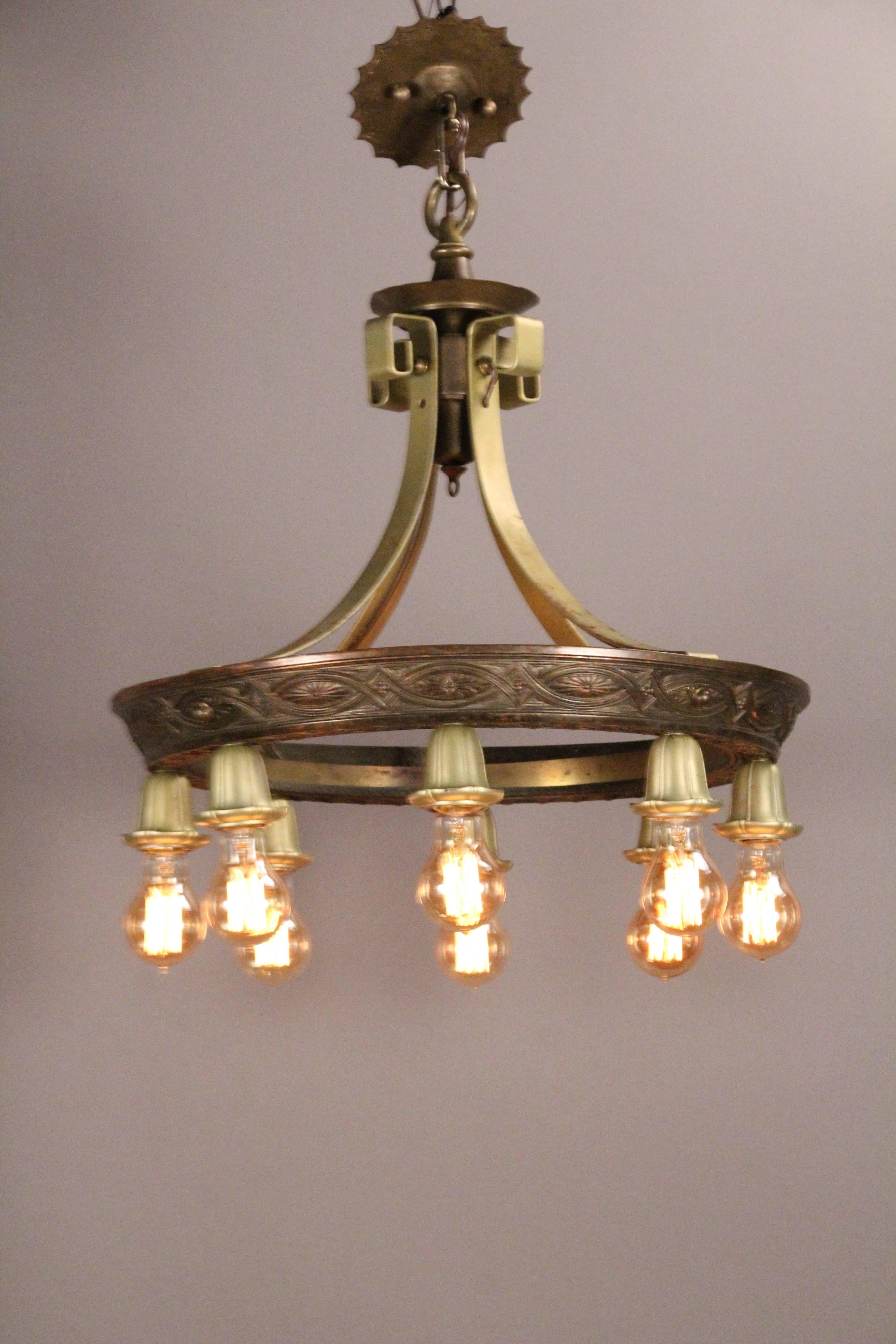 Early 20th Century 1 of 3 Antique 1920s Downlight Chandelier with Eight Bulbs For Sale