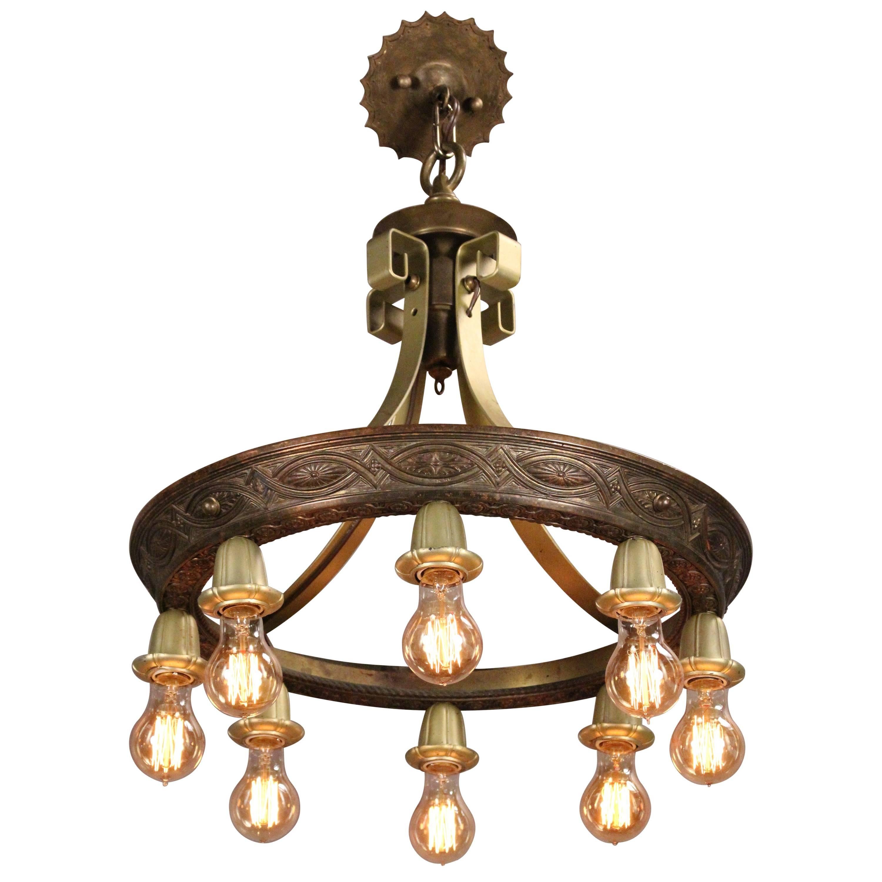 1 of 3 Antique 1920s Downlight Chandelier with Eight Bulbs For Sale
