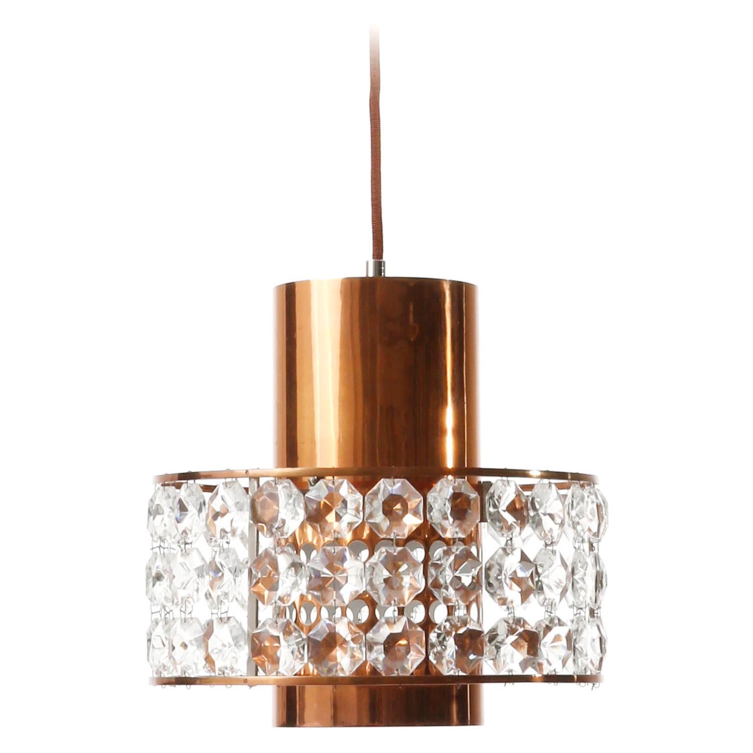 Mid-Century Modern 1 of 3 Bakalowits Pendant Lights Lanterns, Copper Nickel Crystal Glass, 1960s For Sale