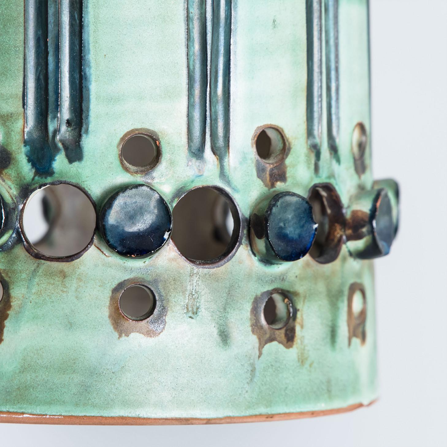 Danish 1 of 3 Blue Ceramic Pendant Lights, Denmark, 1970 For Sale