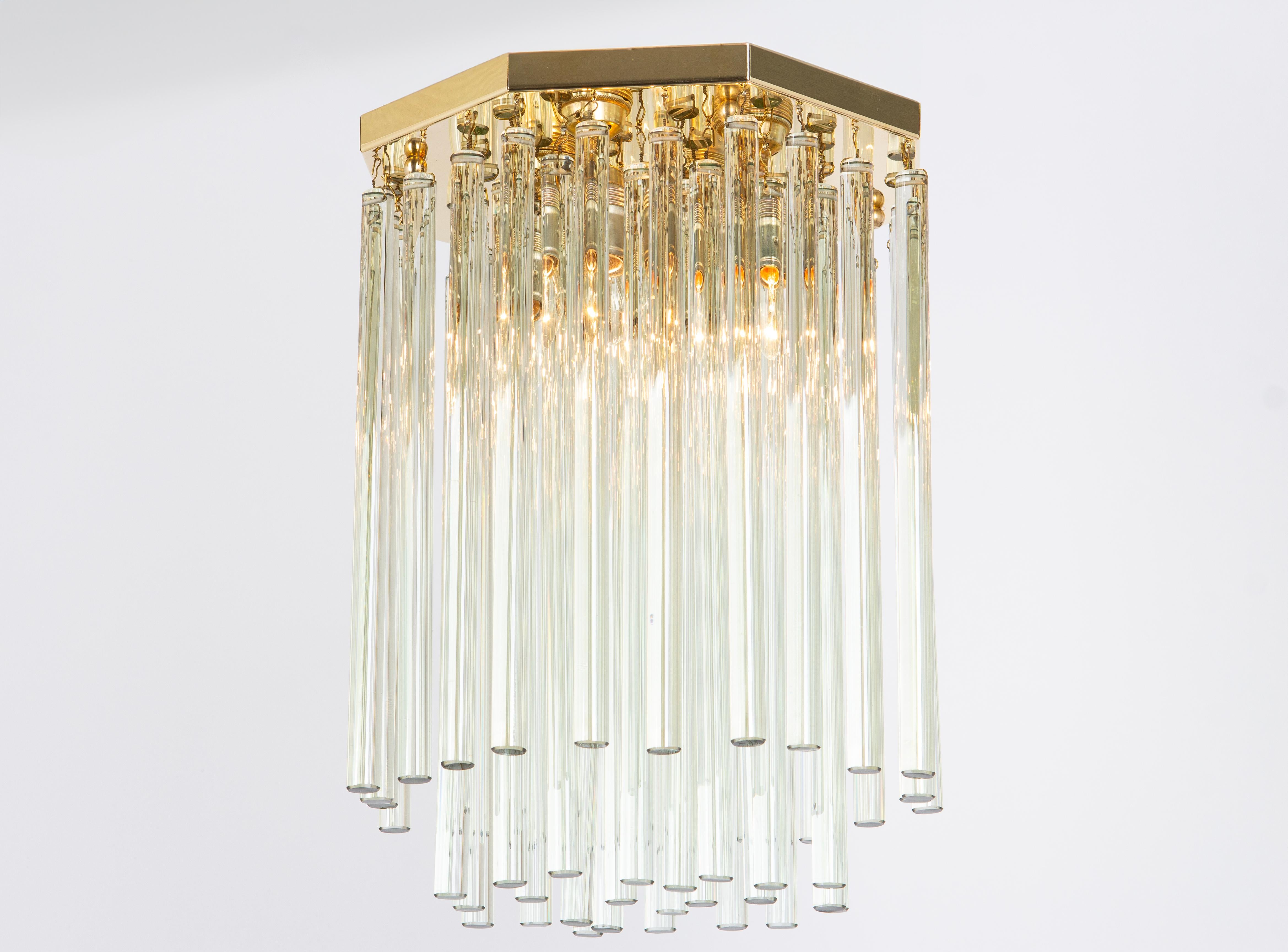 Mid-Century Modern 1 of 3 Brass and Crystal Glass Rods Flush mount light by C.Palme, Germany, 1970s For Sale