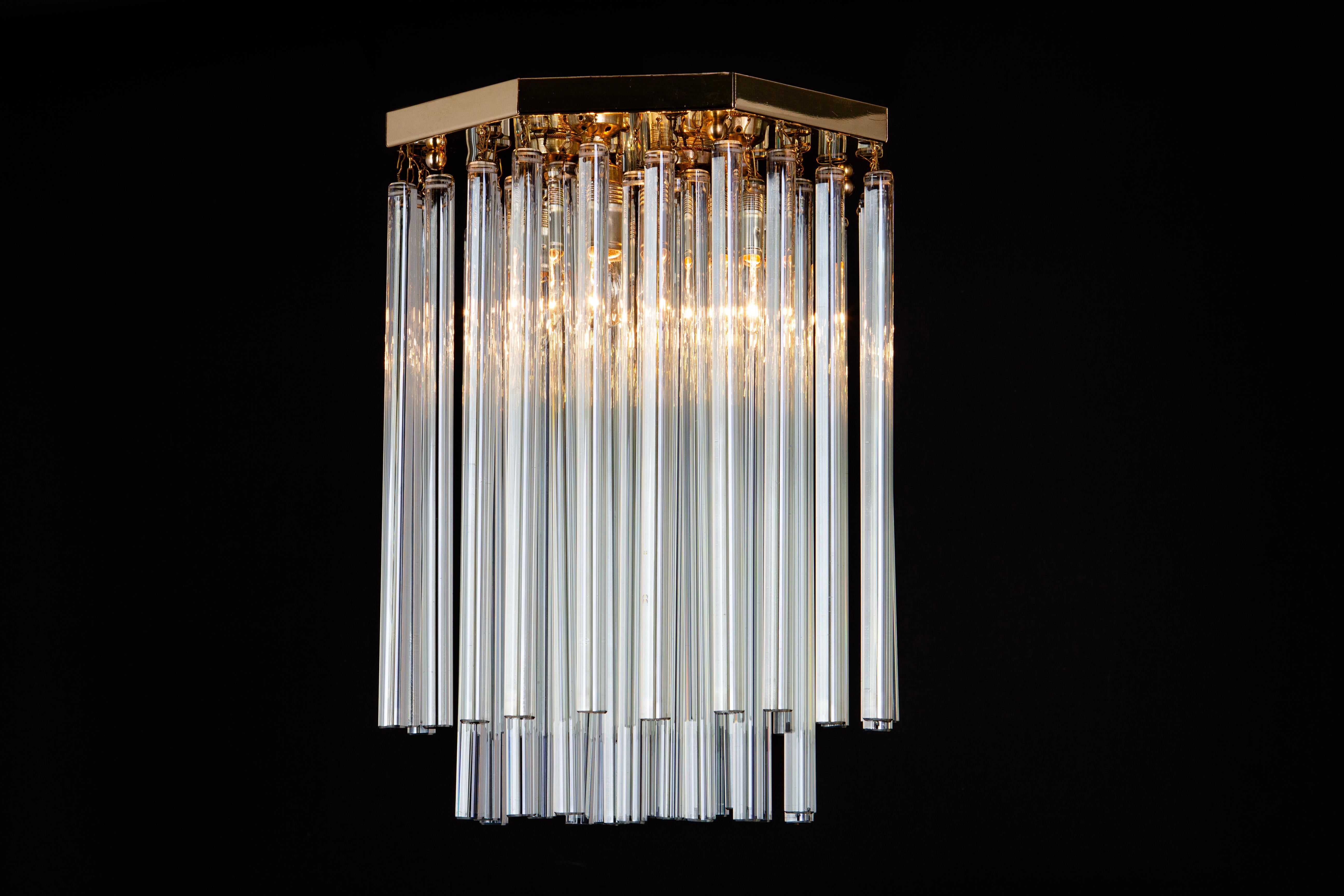 Late 20th Century 1 of 3 Brass and Crystal Glass Rods Flush mount light by C.Palme, Germany, 1970s For Sale