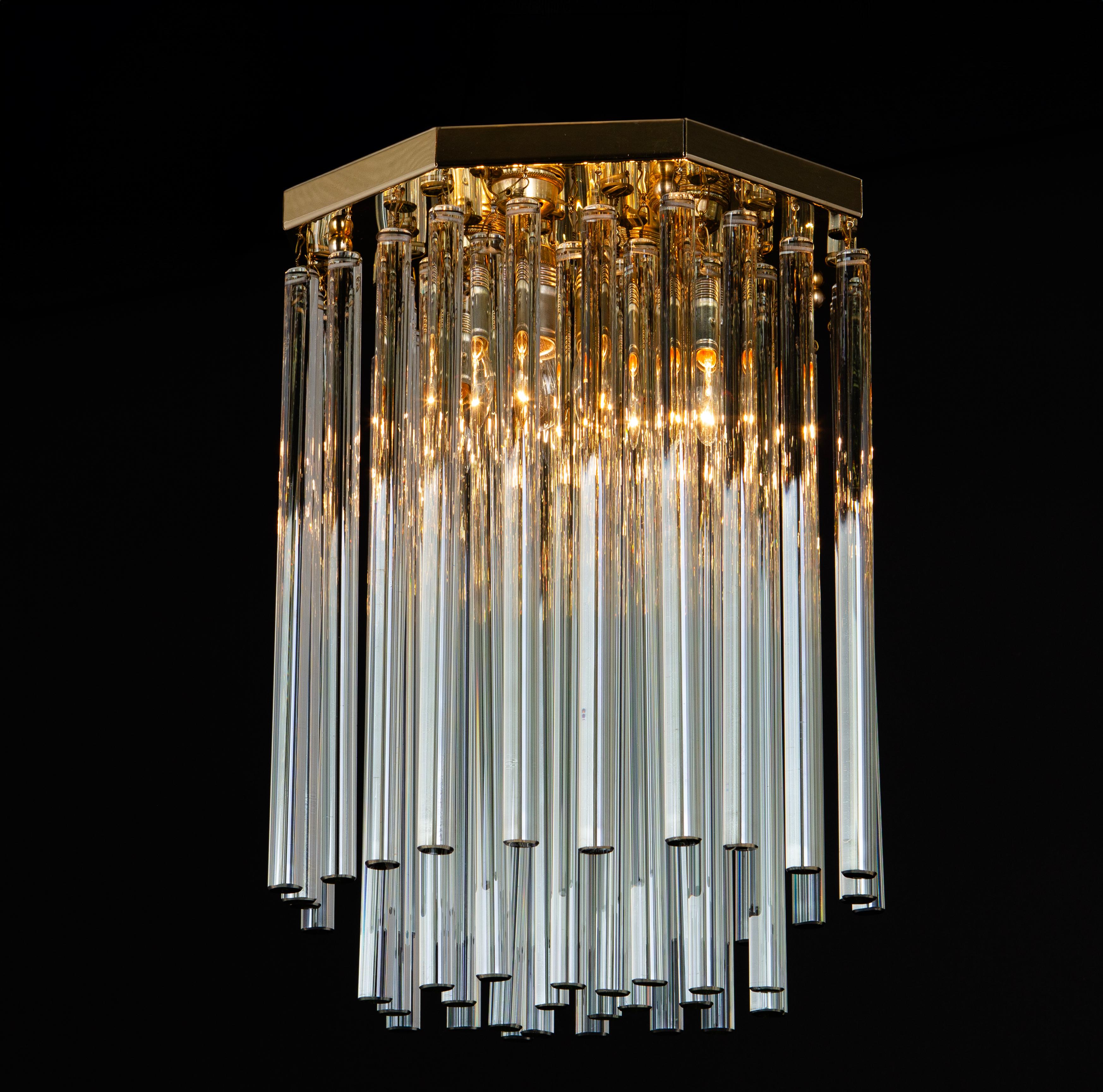 1 of 3 Brass and Crystal Glass Rods Flush mount light by C.Palme, Germany, 1970s For Sale 1
