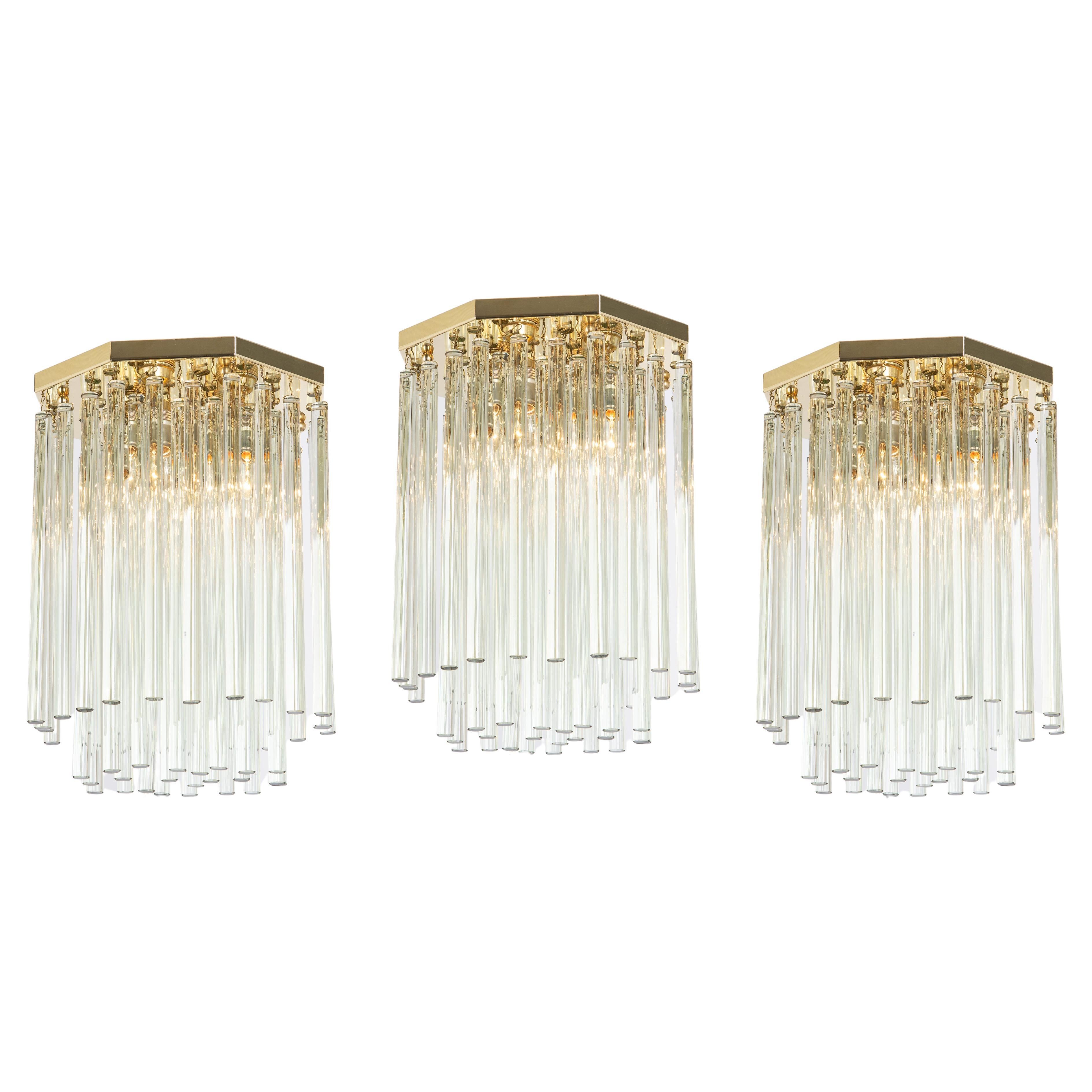 1 of 3 Brass and Crystal Glass Rods Flush mount light by C.Palme, Germany, 1970s For Sale