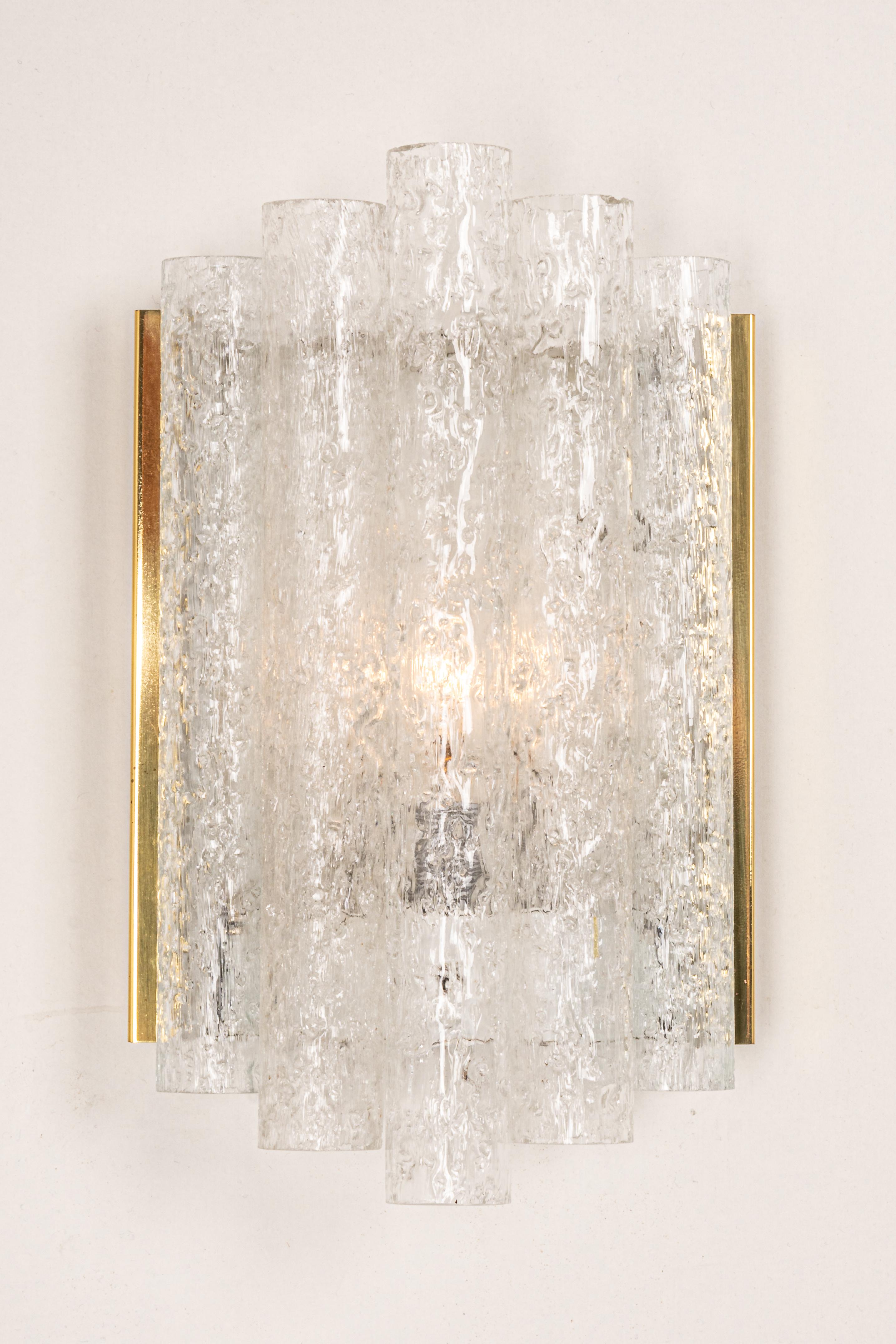 Mid-Century Modern 1 of 3 Brass Ice Glass Wall light Sconces by Doria, Germany, 1960s For Sale
