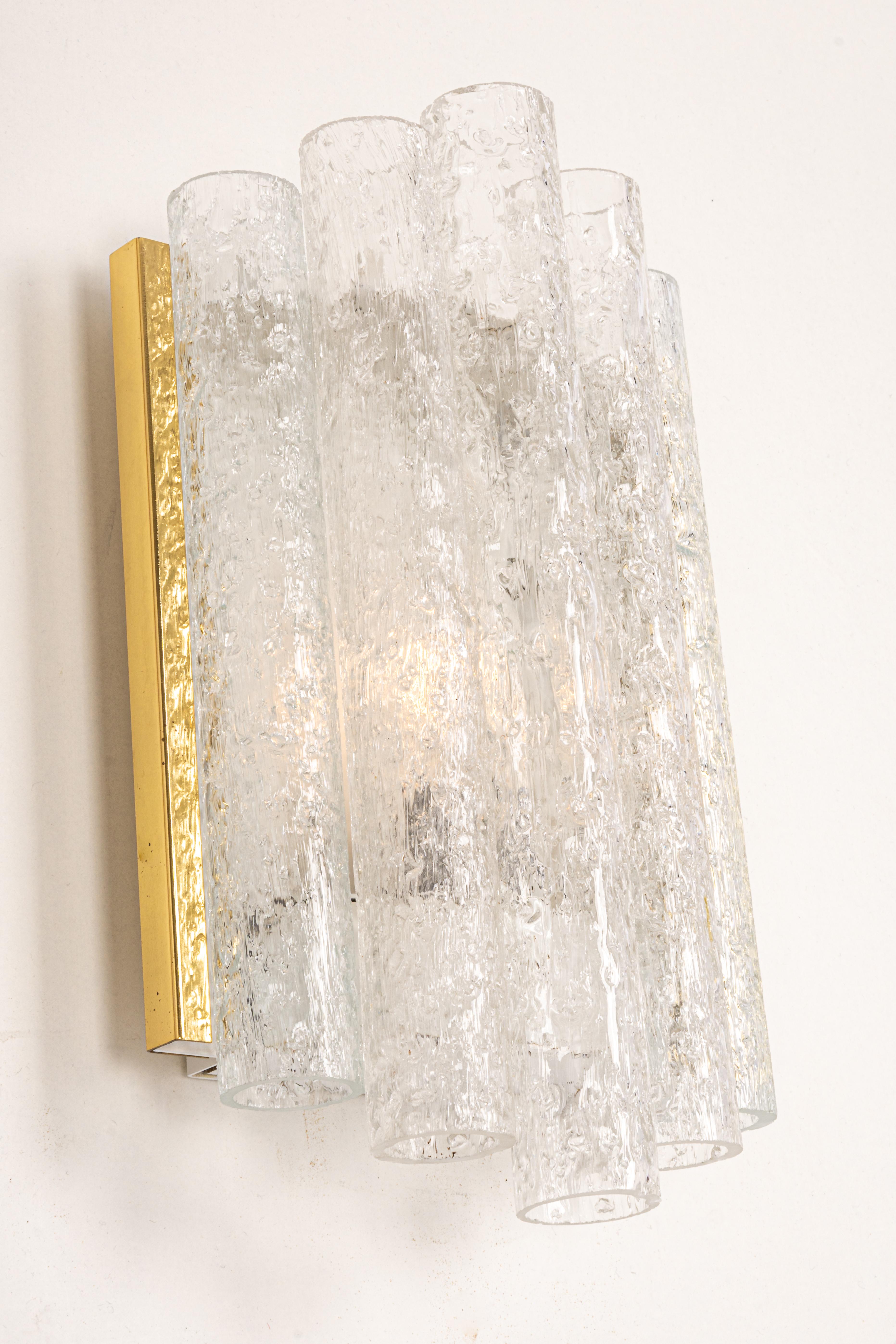 1 of 3 Brass Ice Glass Wall light Sconces by Doria, Germany, 1960s In Good Condition For Sale In Aachen, NRW