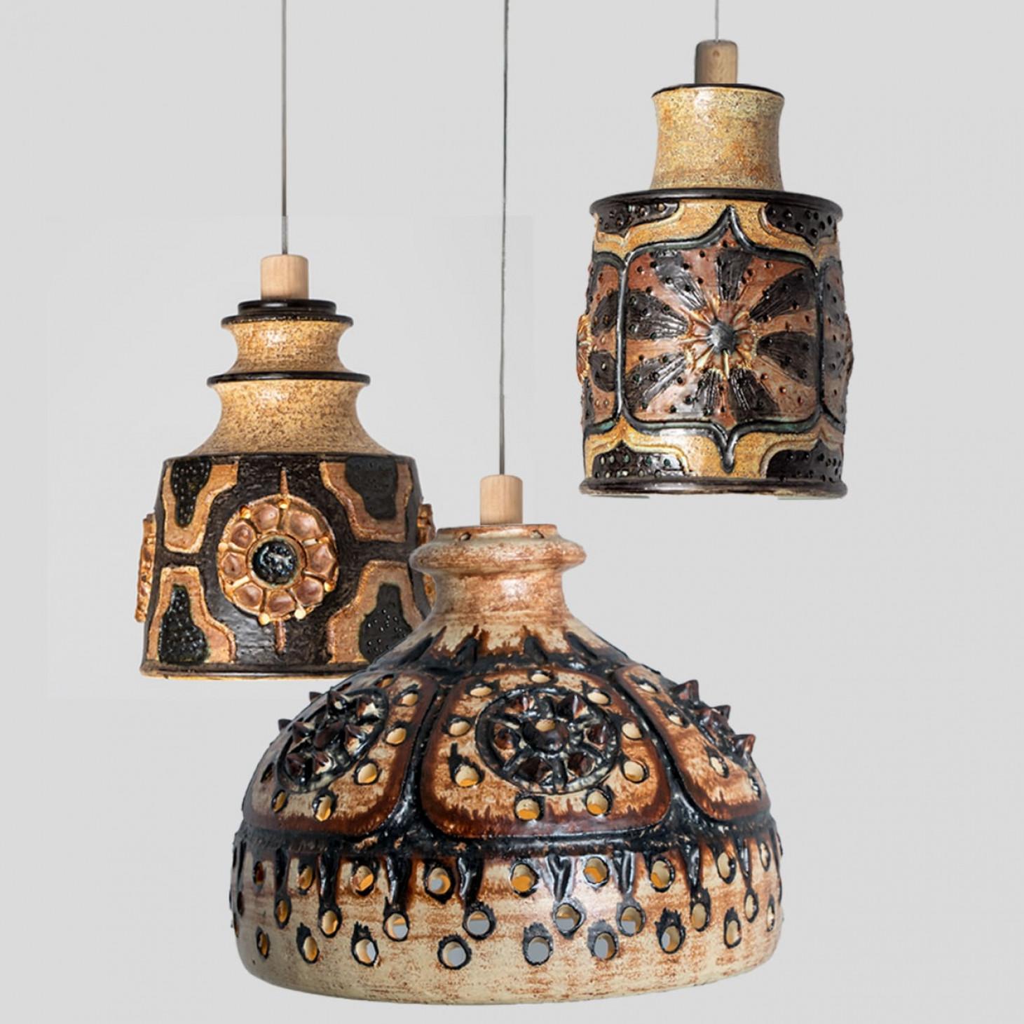 1 of 3 Brown Ceramic Pendant Lights, Denmark, 1970 For Sale 5
