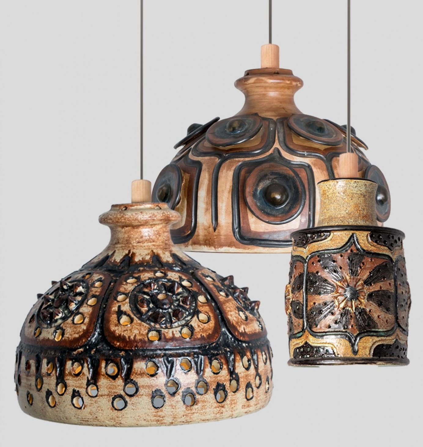 Late 20th Century 1 of 3 Brown Ceramic Pendant Lights, Denmark, 1970 For Sale