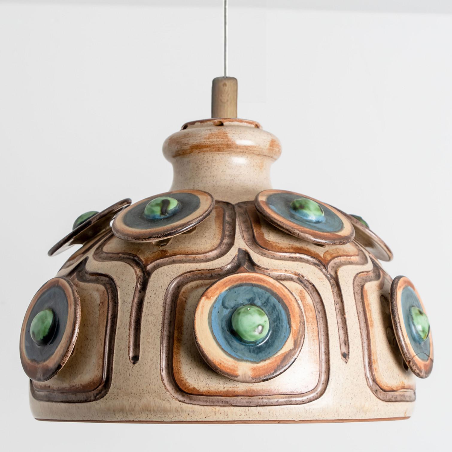 Danish 1 of 3 Brown Green Ceramic Pendant Lights, Denmark, 1970 For Sale