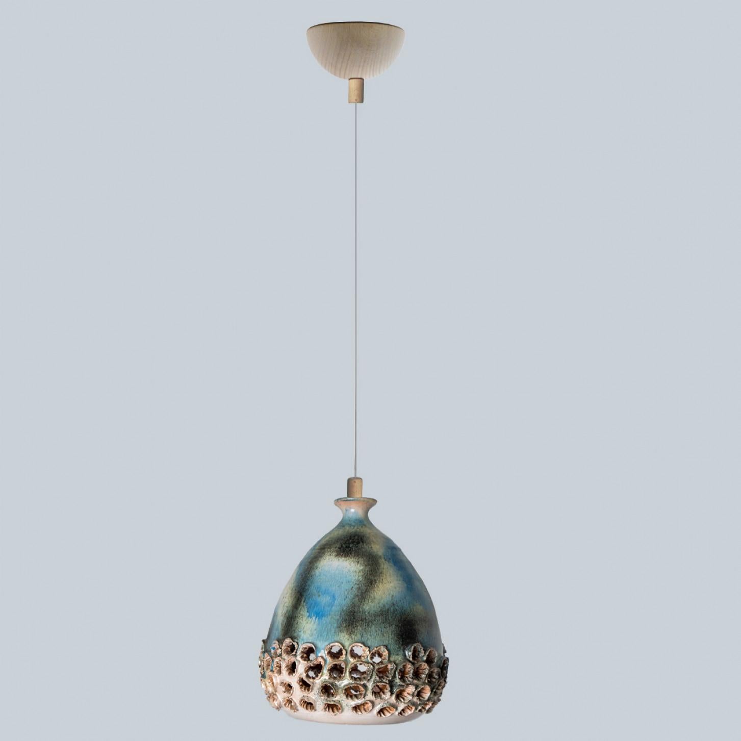 Late 20th Century 1 of 3 Brown Green Ceramic Pendant Lights, Denmark, 1970 For Sale
