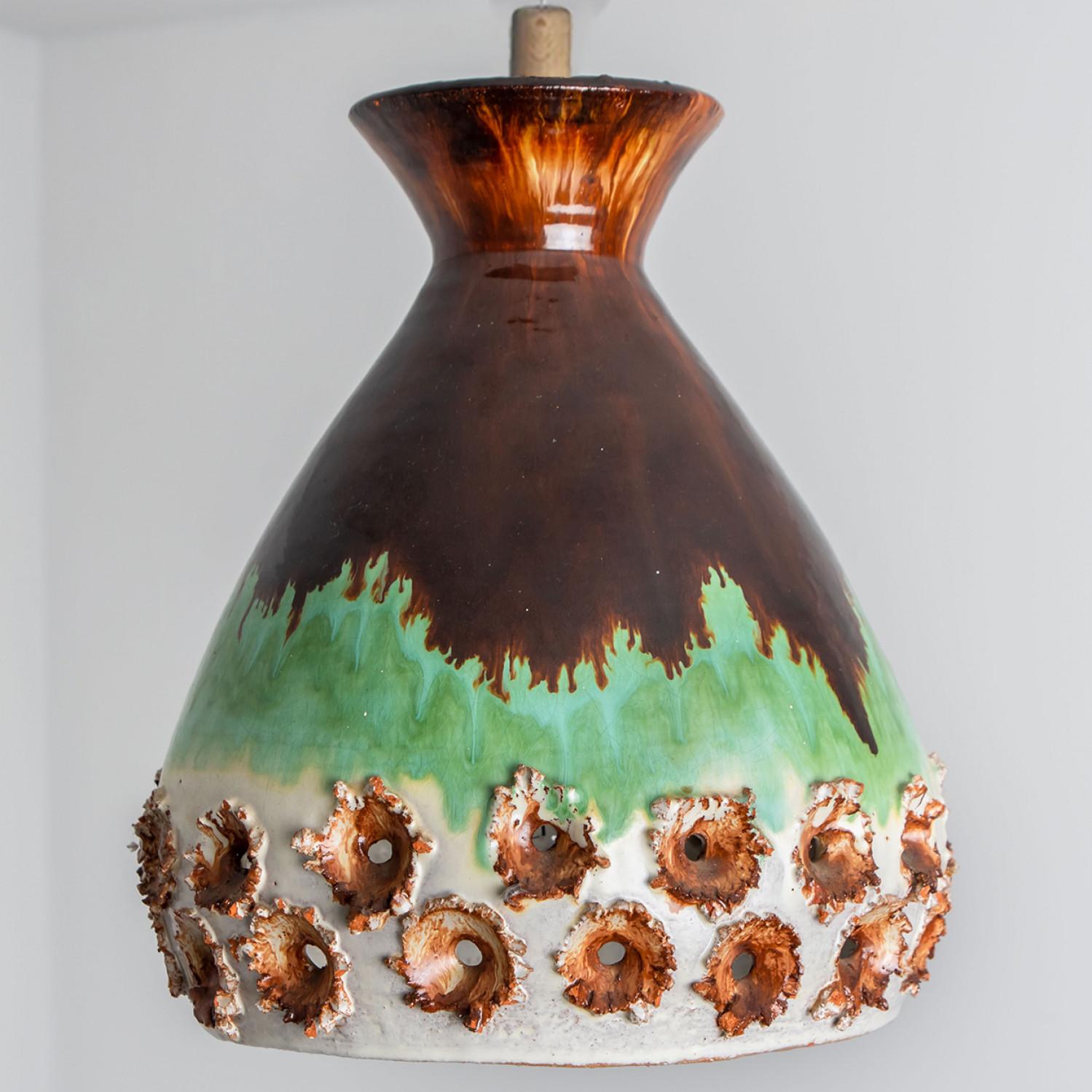 1 of 3 Brown Green Ceramic Pendant Lights, Denmark, 1970 For Sale 2